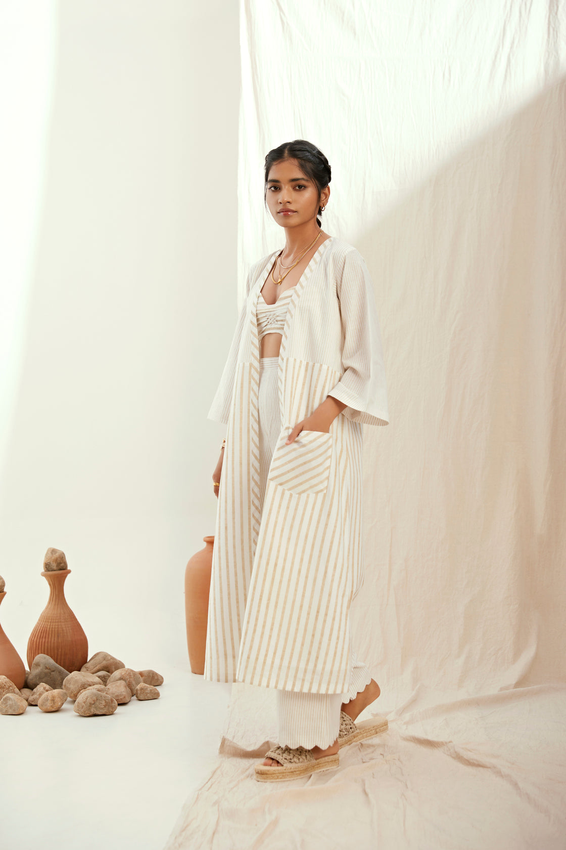 Stripe printed top, pants and cotton jacket set