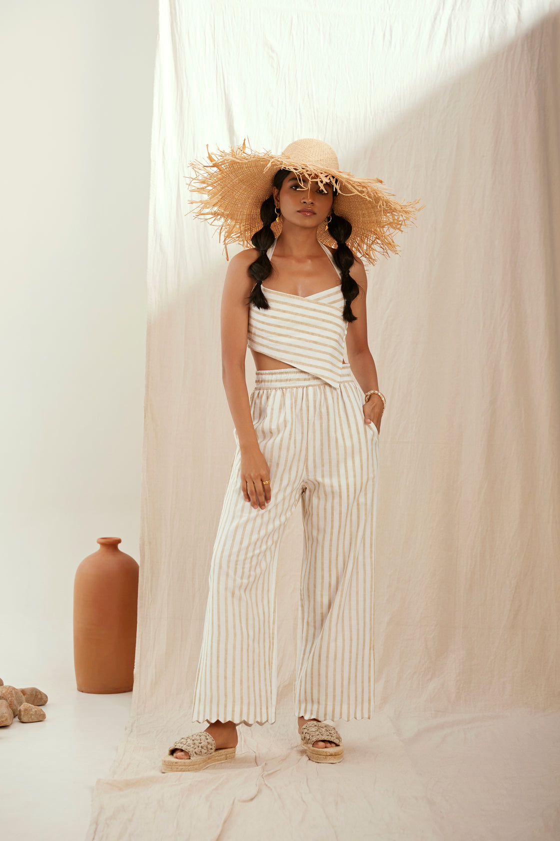 Stripe printed top, pants and cotton jacket set
