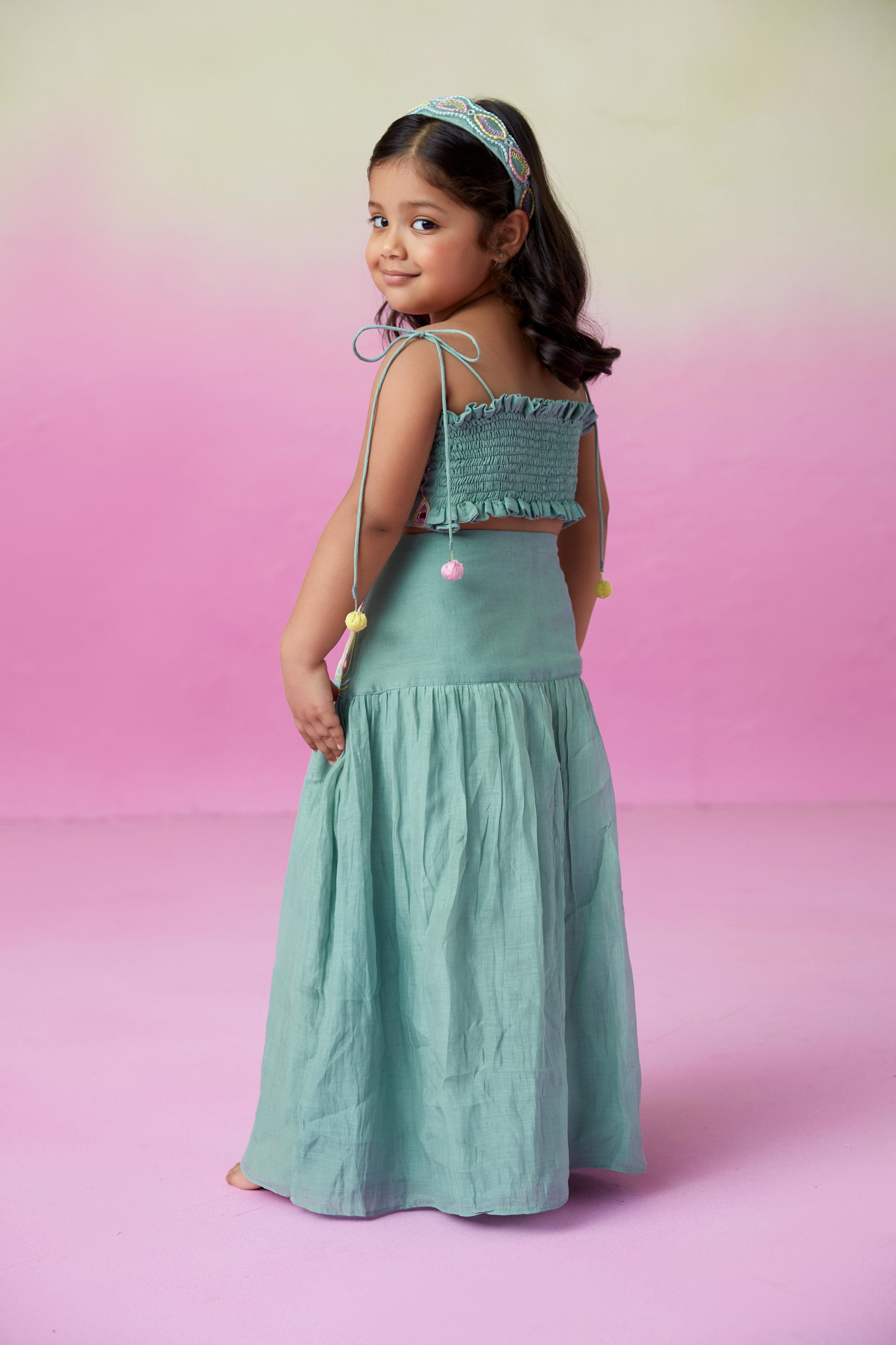 Mint Hand embroidered Skirt Top set for Girls