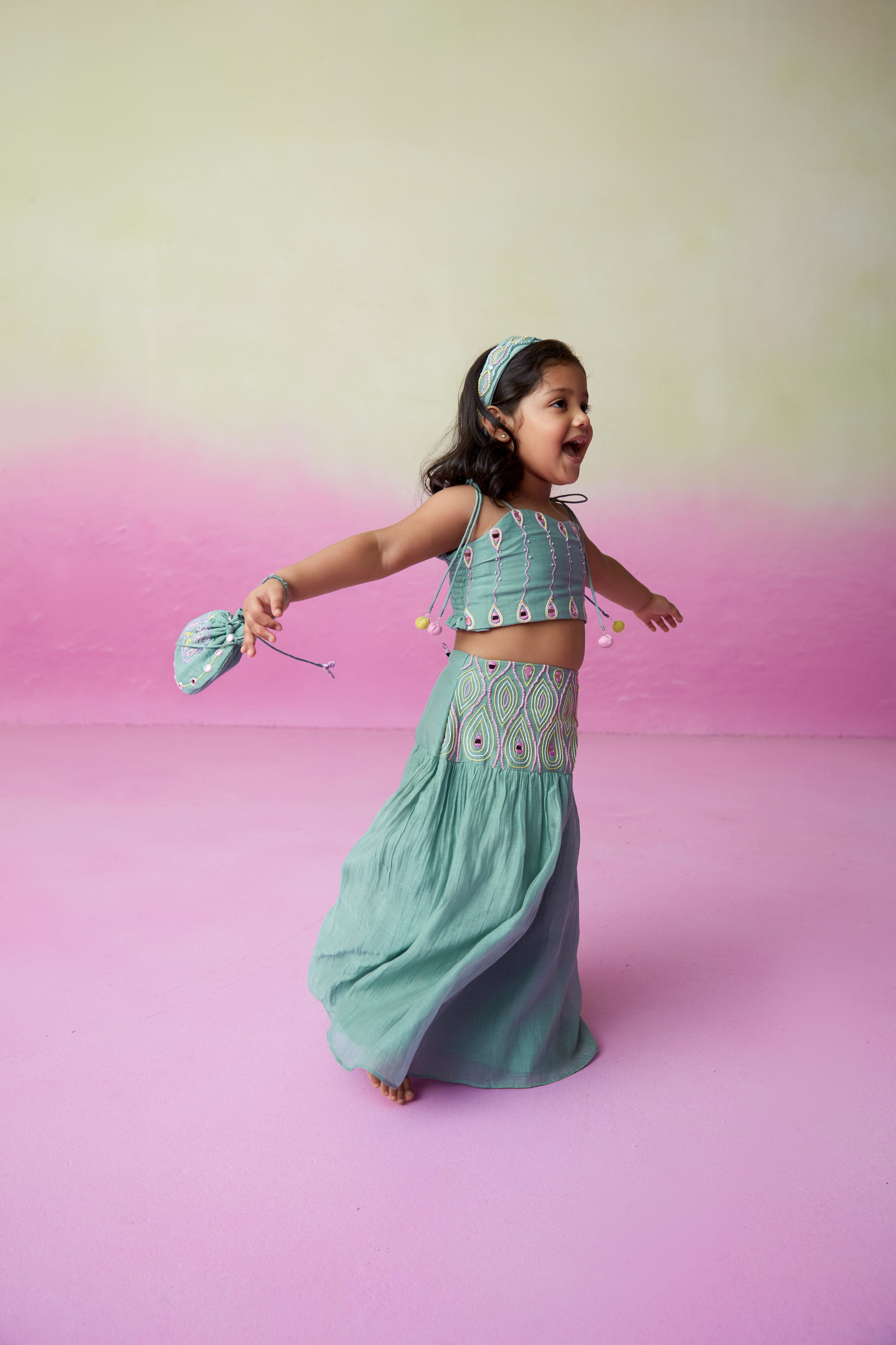 Mint Hand embroidered Skirt Top set for Girls