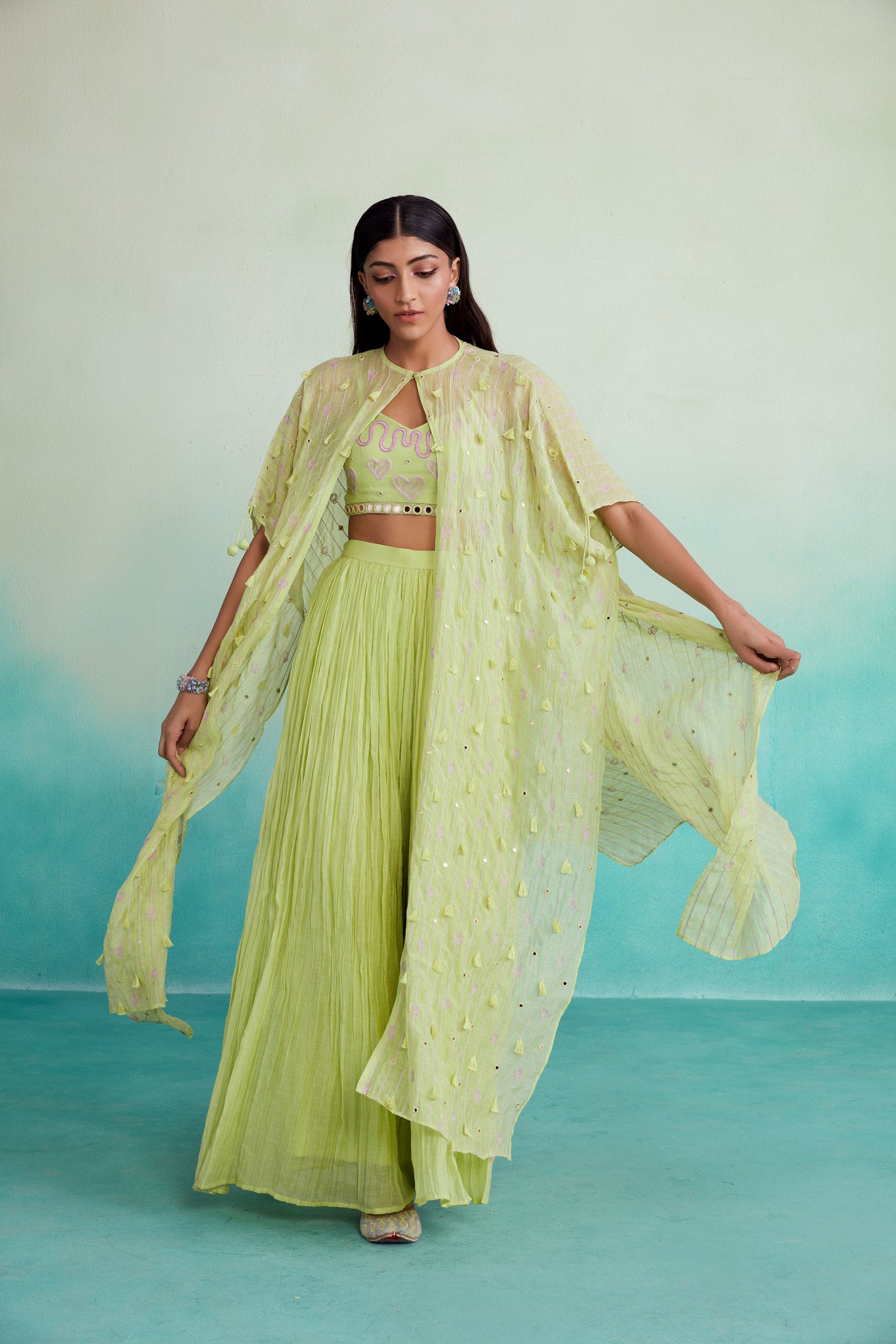 Lime Hand embroidered Jacket Crop top & Sharara set