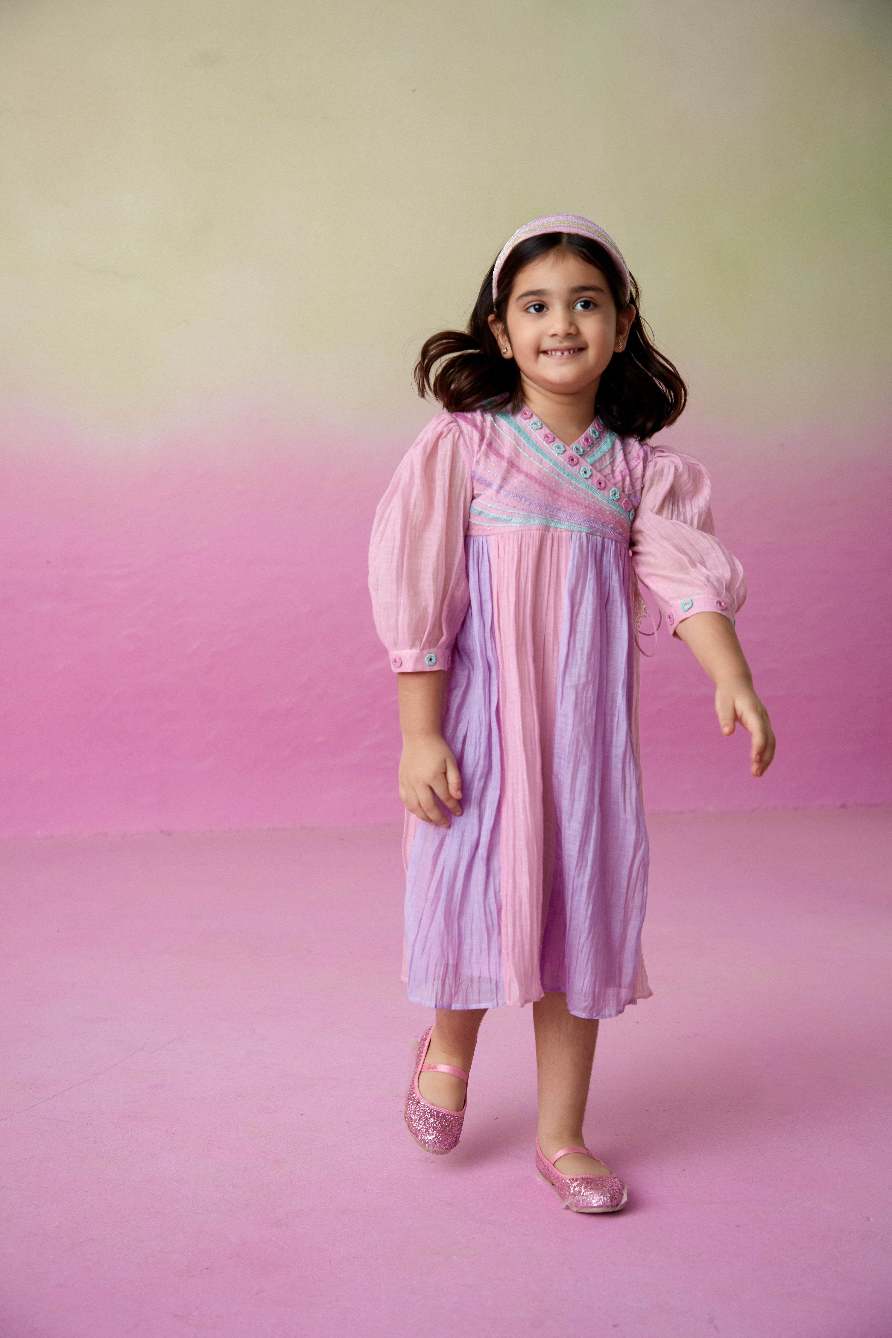 Orchid Pink Lavender Hand embroidered gathered Dress for Girls