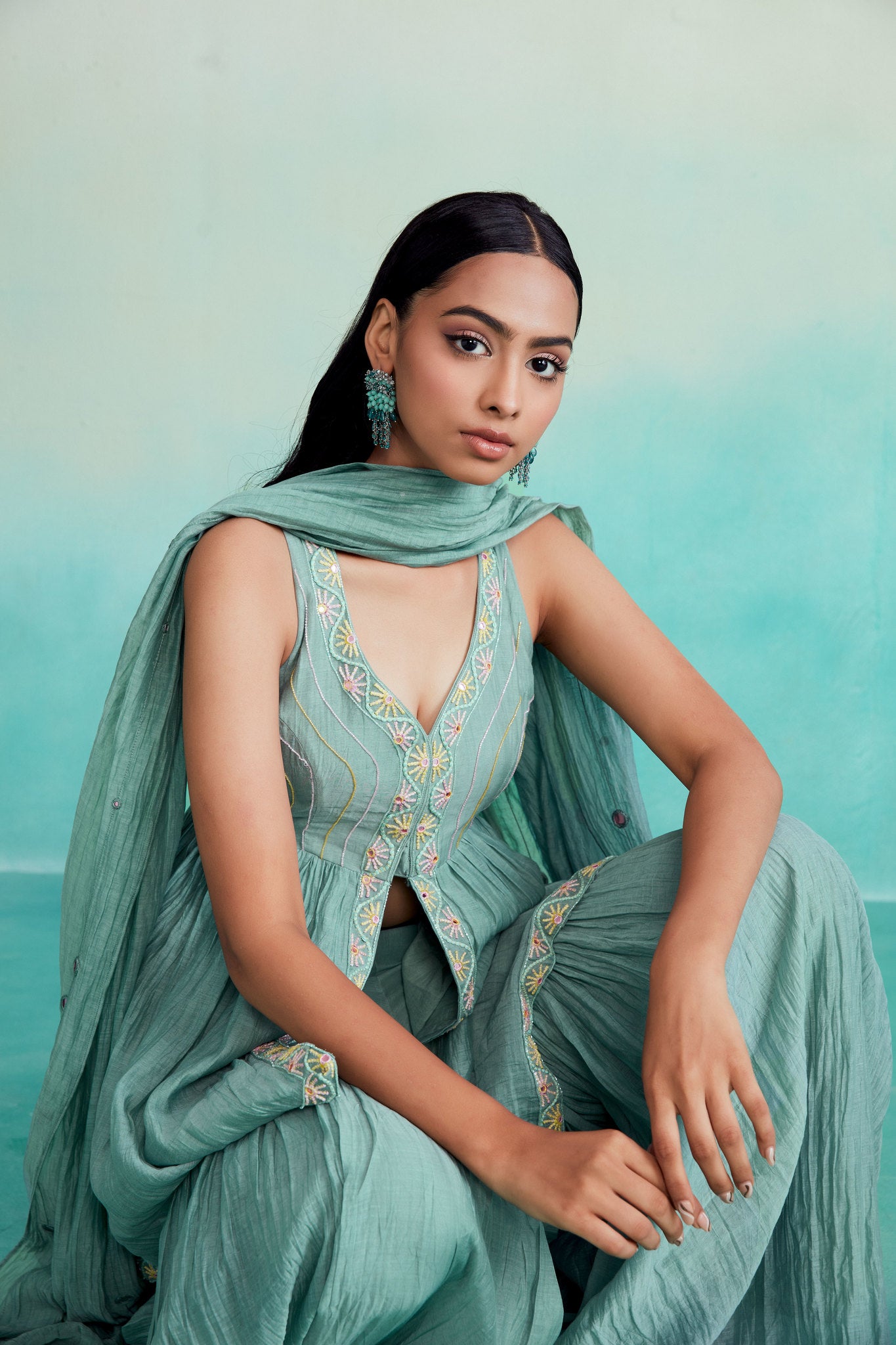 Mint Hand embroidered gathered Kurta Sharara & Dupatta set