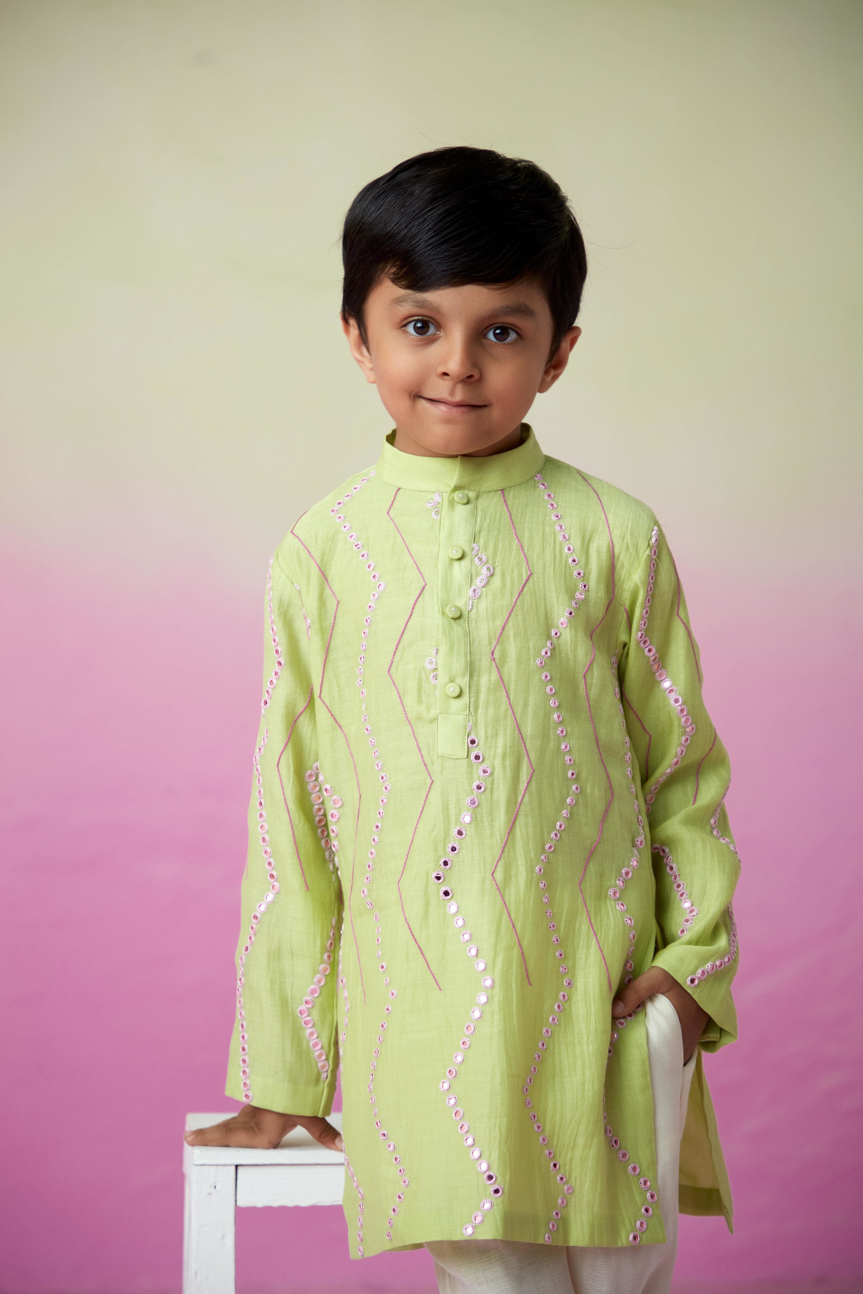 Lime Hand embroidered Kurta & Pants set for Boys