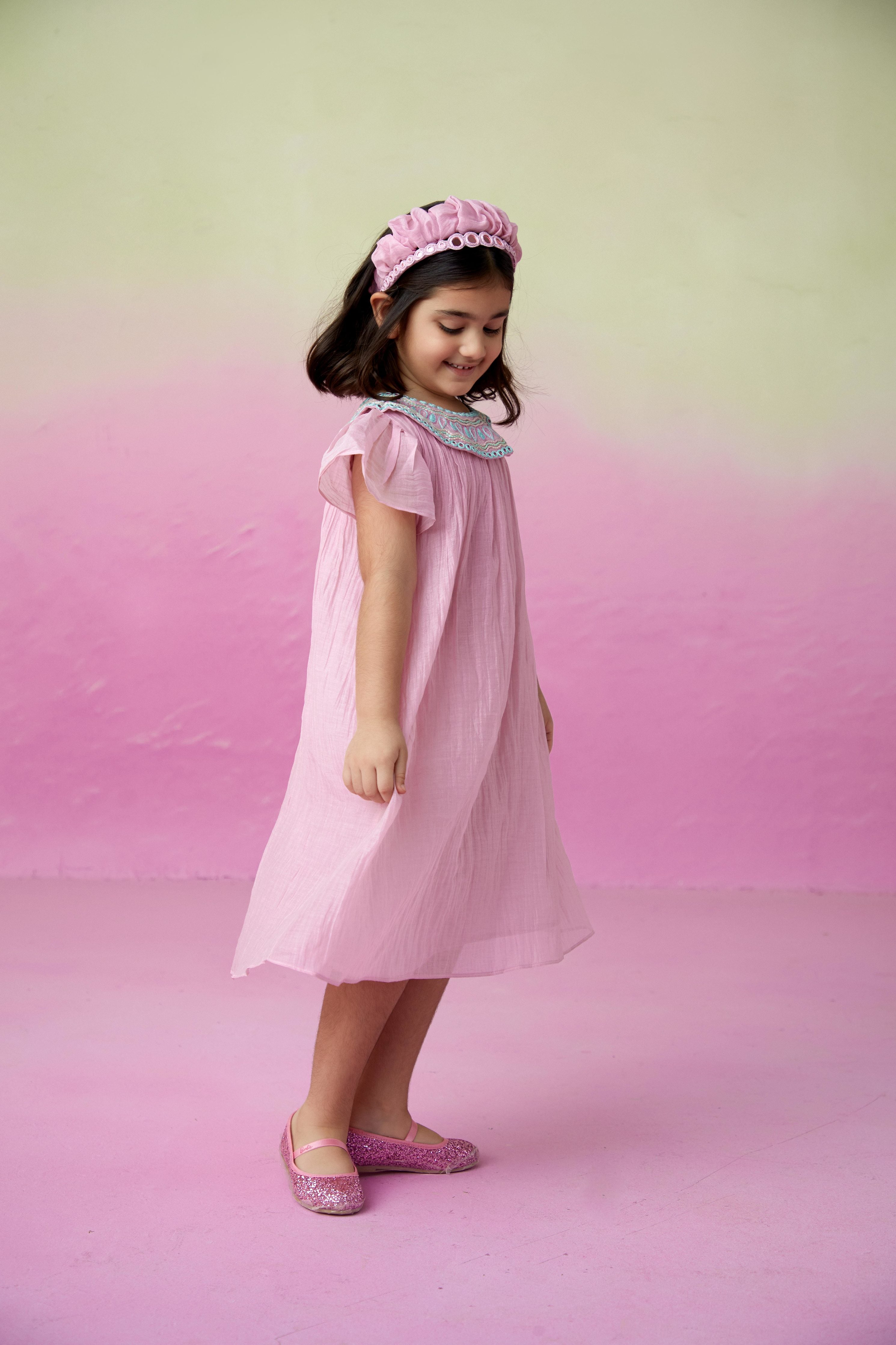 Orchid Pink Hand embroidered Collar Dress for Girls