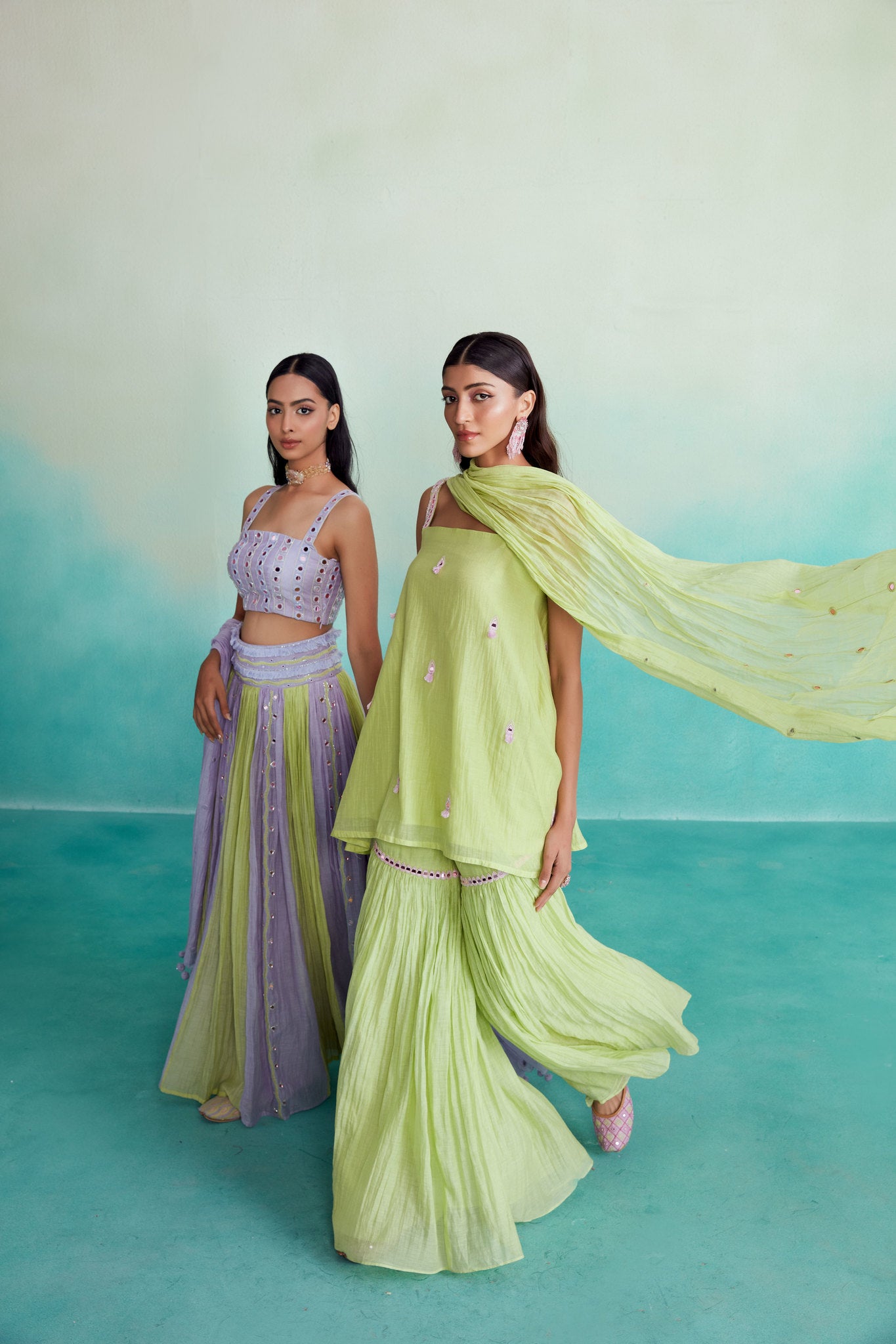 Lime Hand embroidered Kurta Sharara & Dupatta set