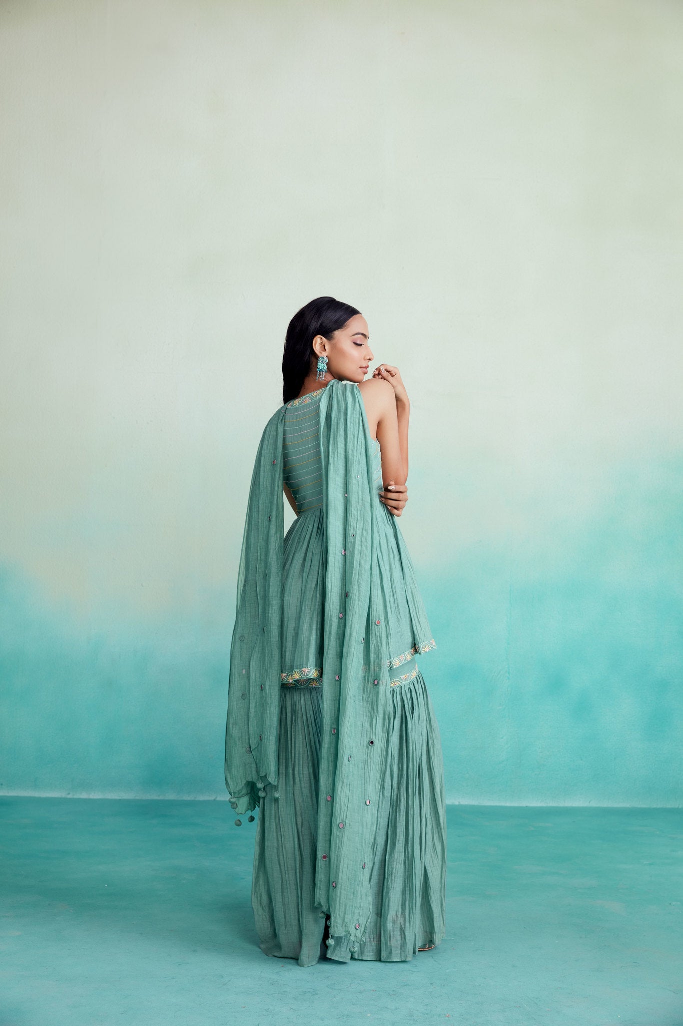 Mint Hand embroidered gathered Kurta Sharara & Dupatta set