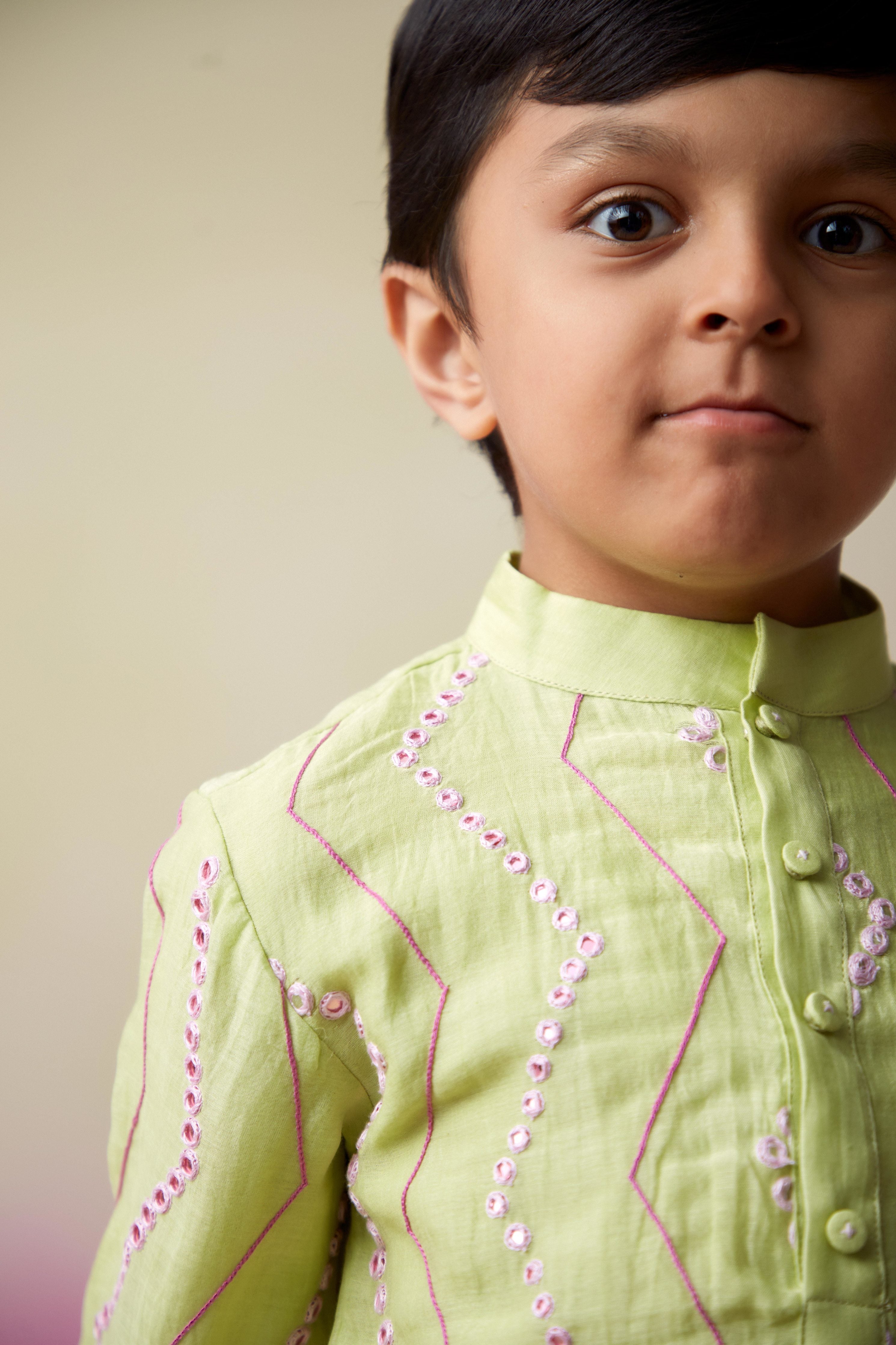 Lime Hand embroidered Kurta & Pants set for Boys