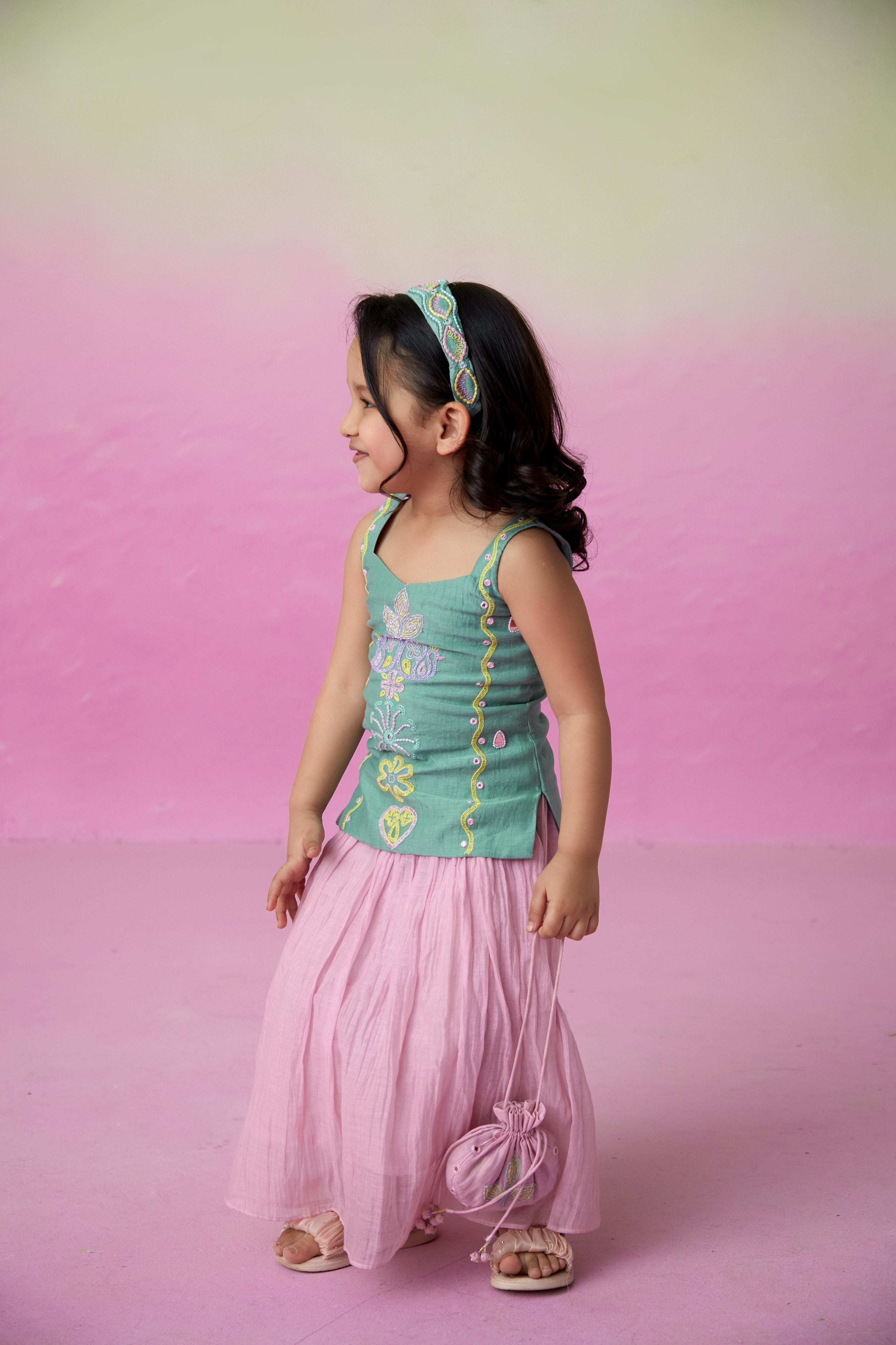 Mint Hand embroidered Kurta with orchid pink gathered Skirt for Girls