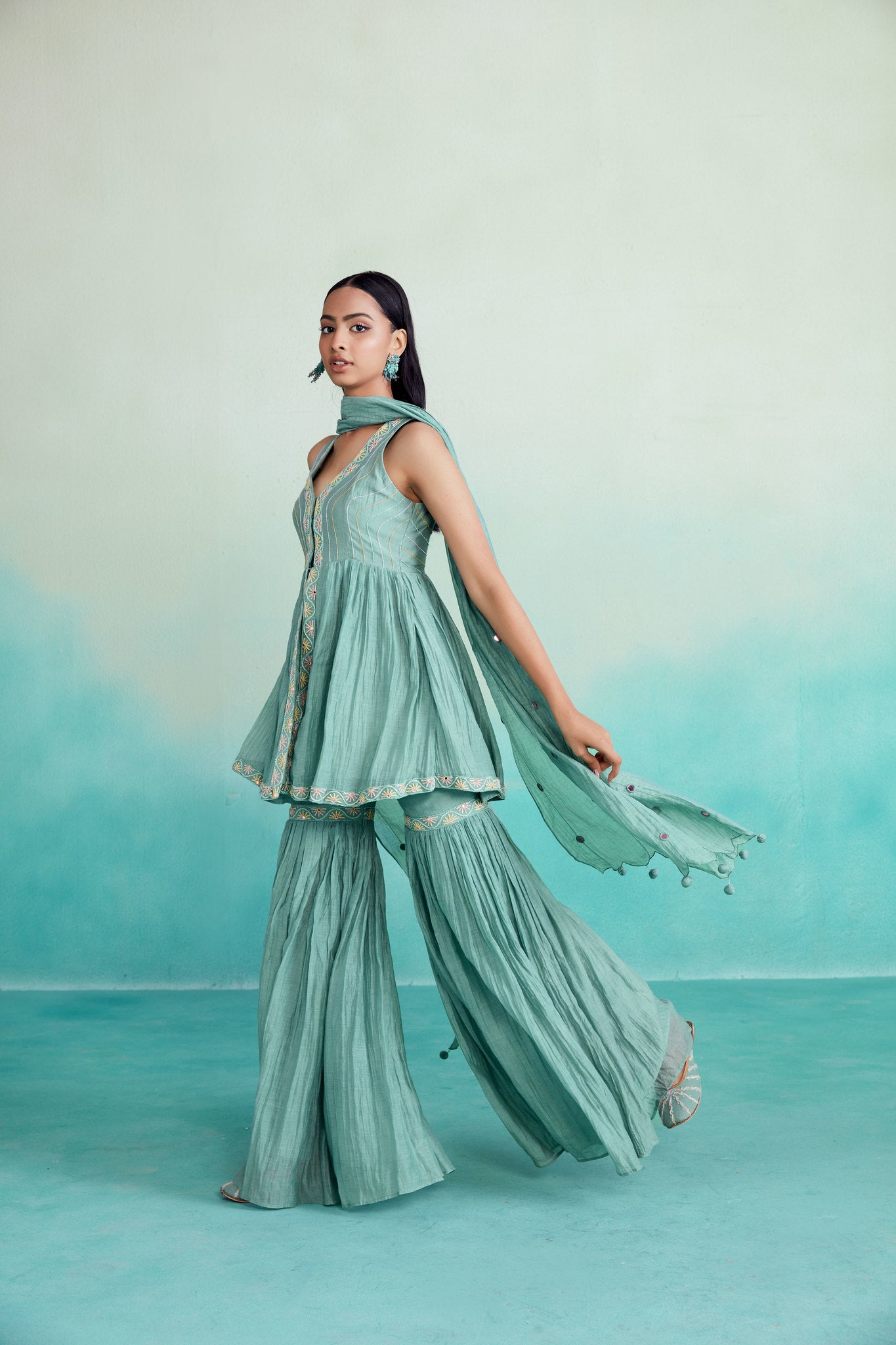 Mint Hand embroidered gathered Kurta Sharara & Dupatta set