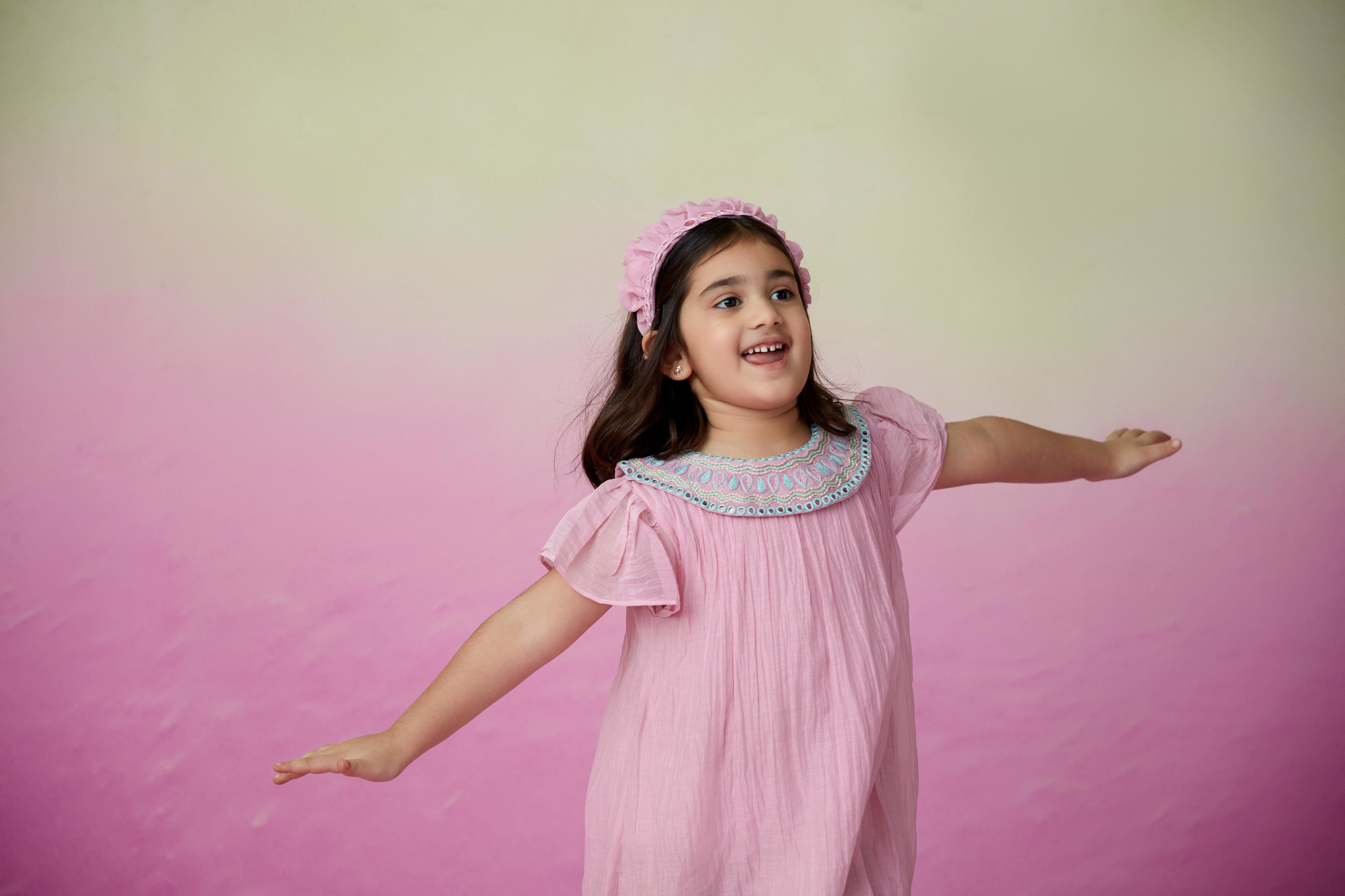 Orchid Pink Hand embroidered Collar Dress for Girls