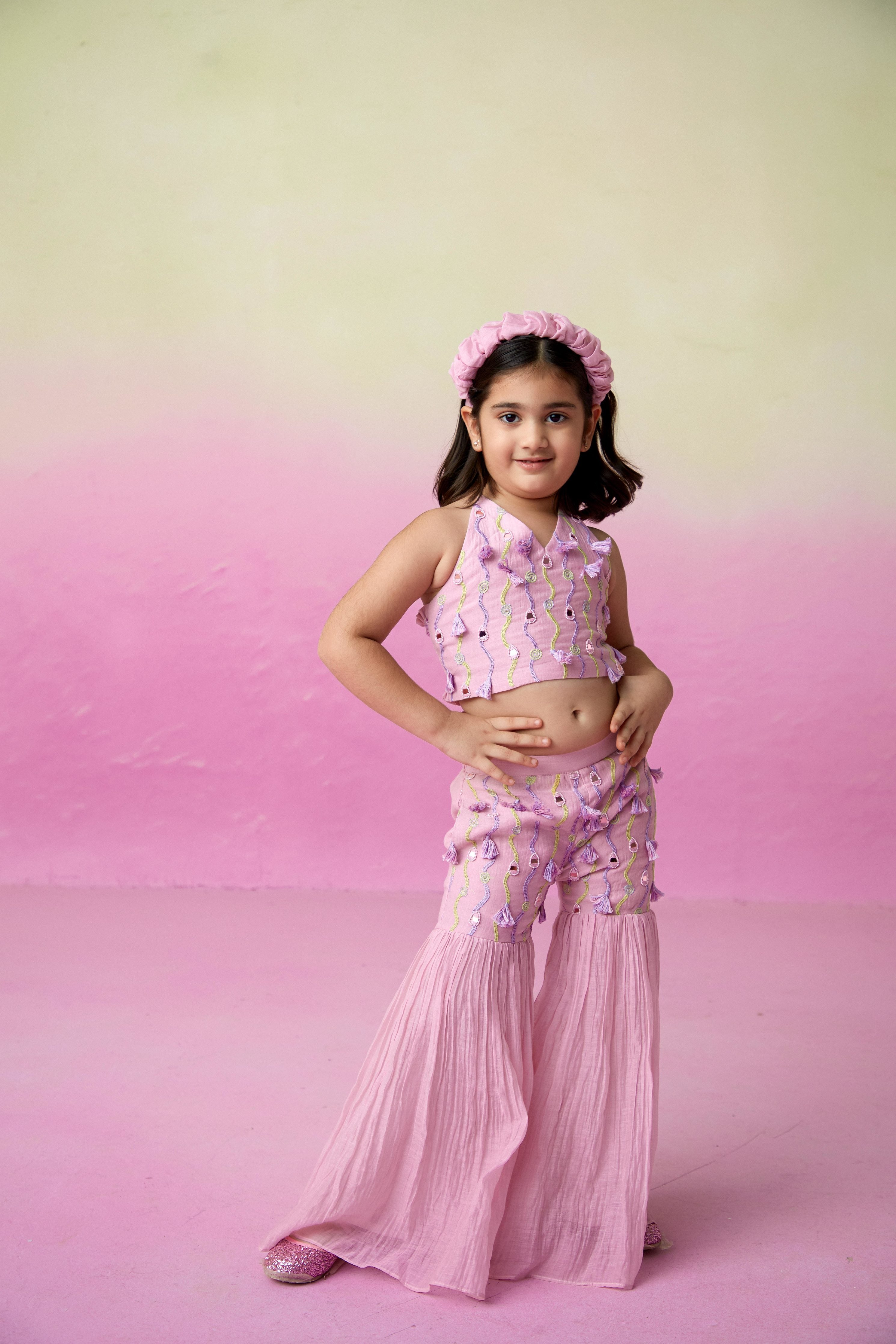 Orchid Pink Hand embroidered Crop-top Sharara set for Girls