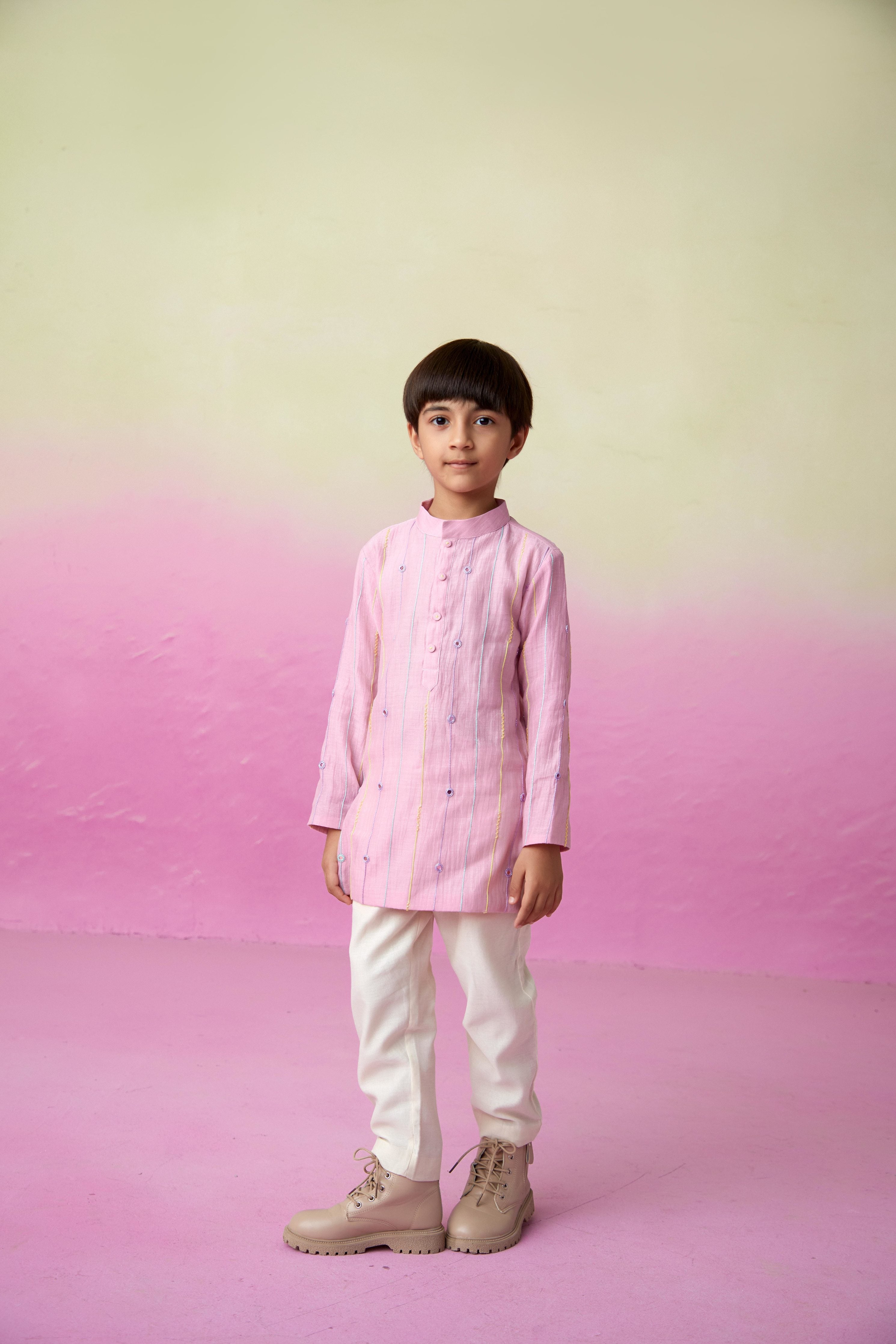 Orchid Pink Hand embroidered Kurta & Pants set for Boys