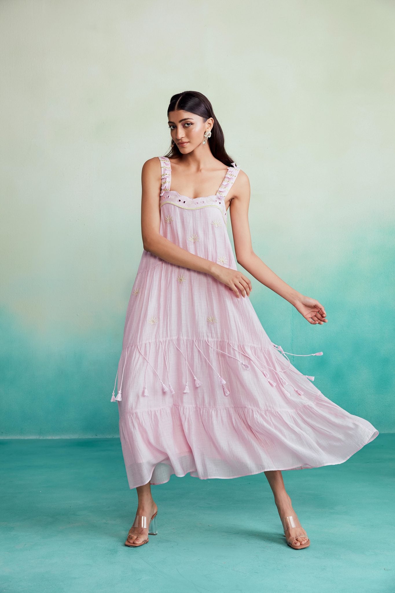 Orchid Pink Hand embroidered layered gathered Dress