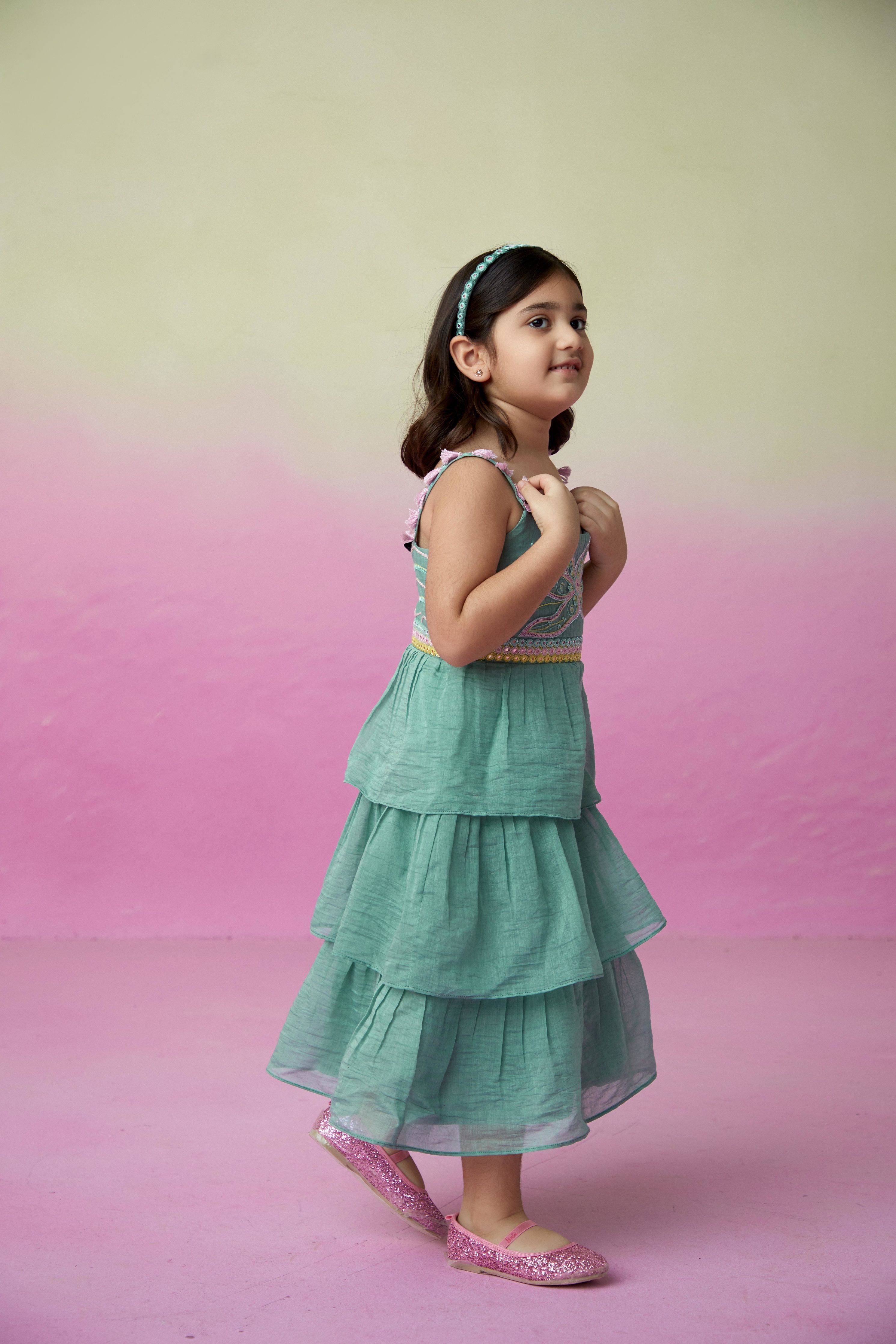 Mint Hand embroidered layered Dress for Girls