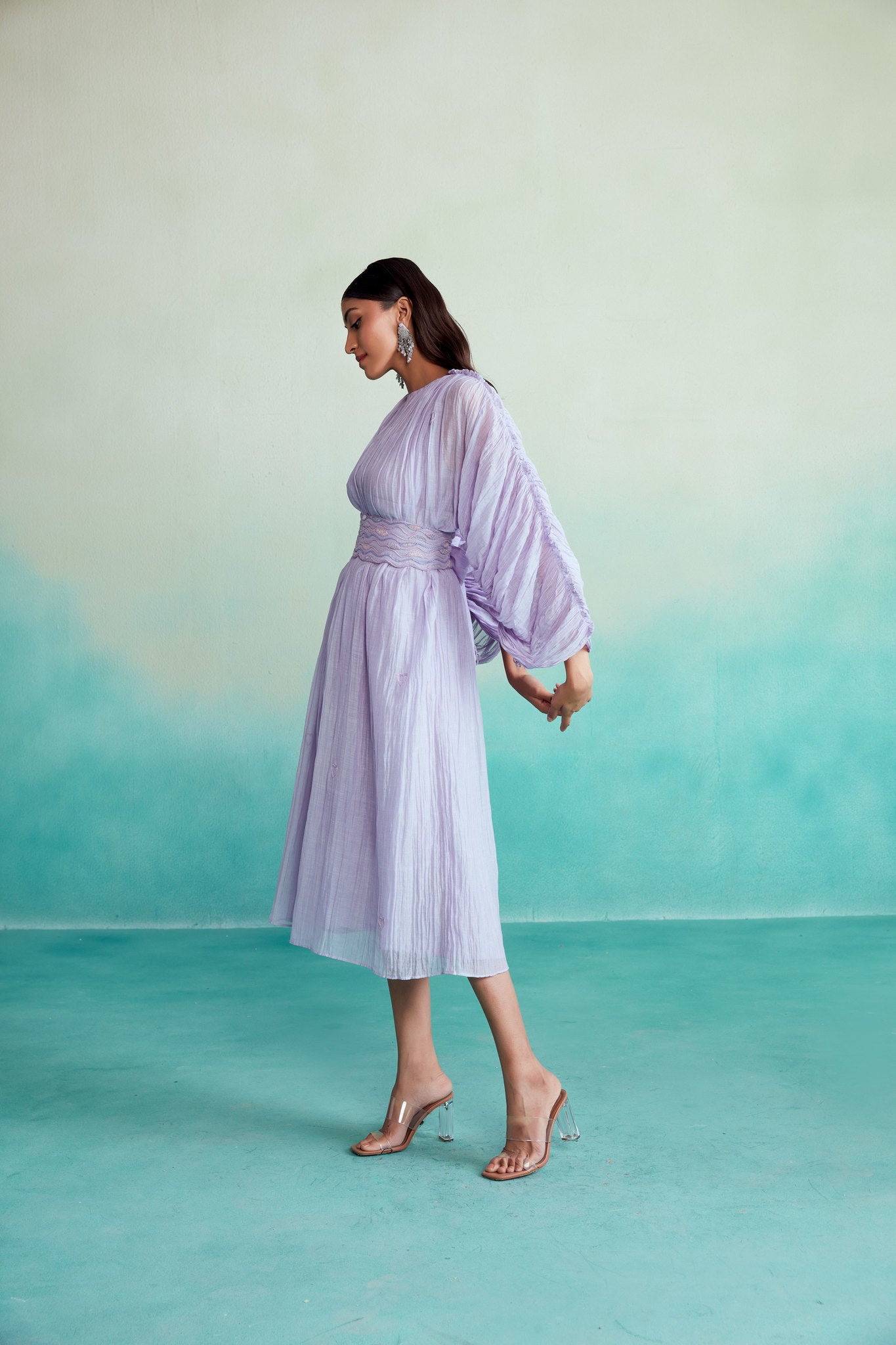 Lavender Hand embroidered Dress with Belt