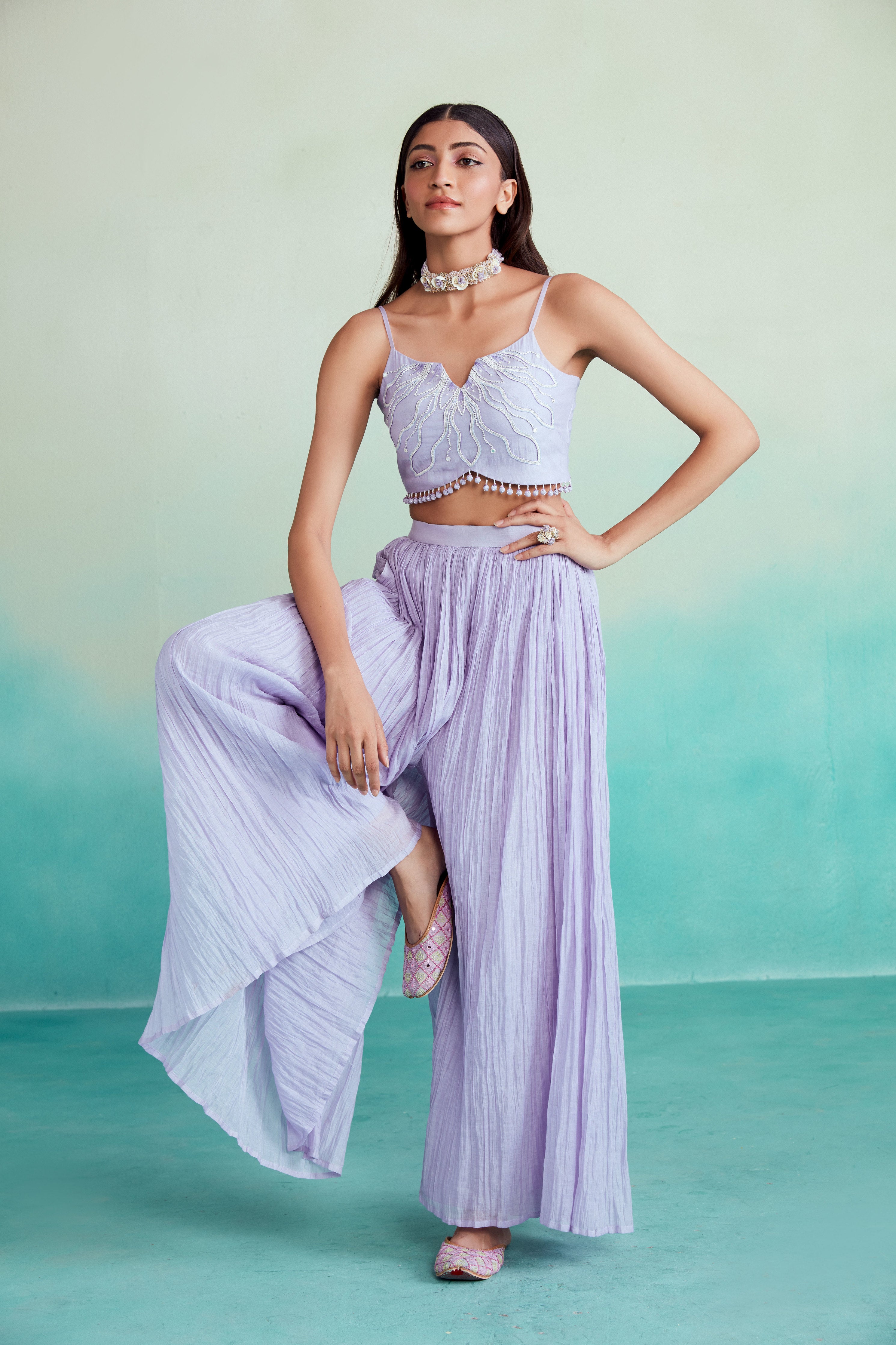 Lavender Hand embroidered Crop top Sharara & Dupatta set