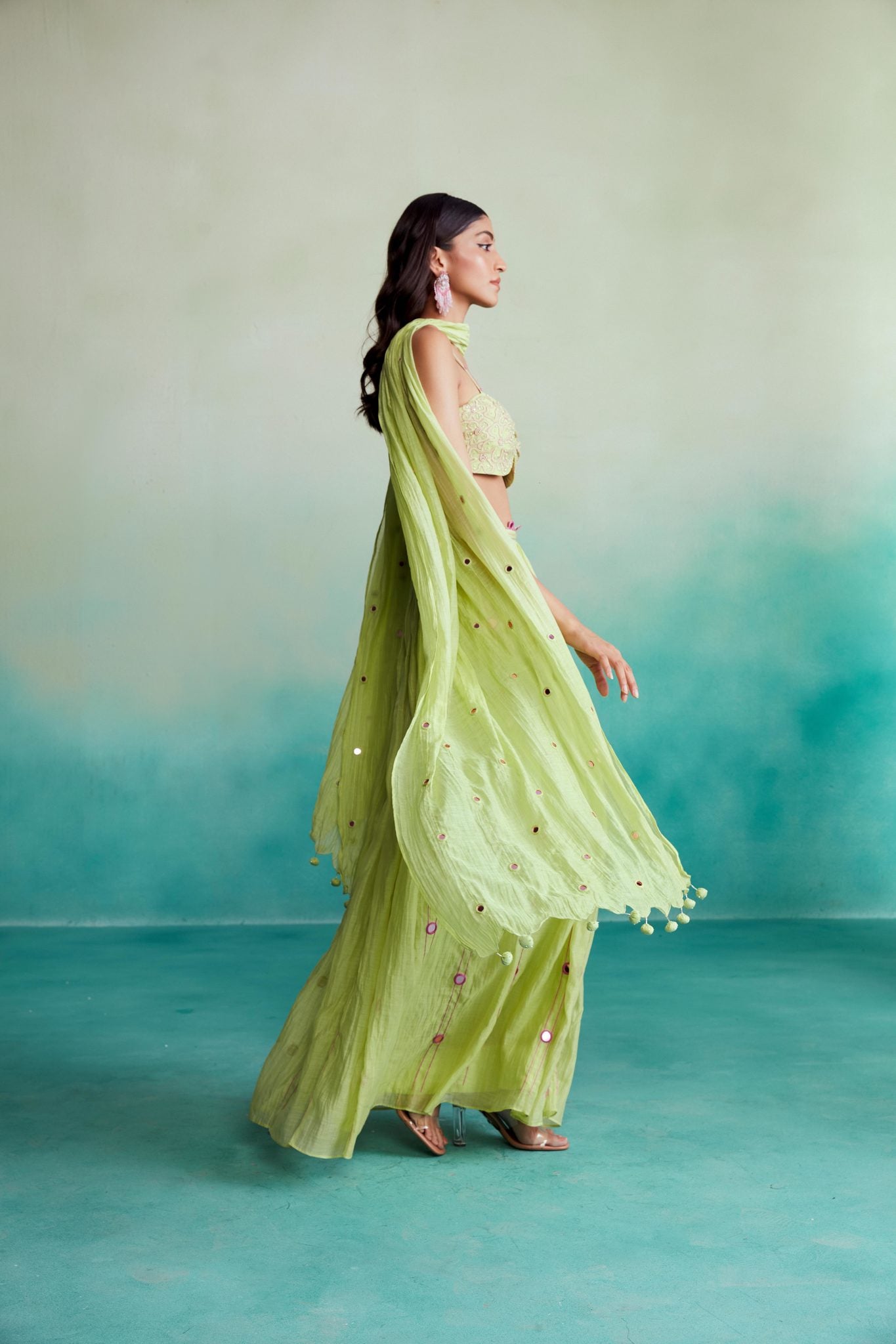Lime Hand embroidered Skirt Top & Dupatta set