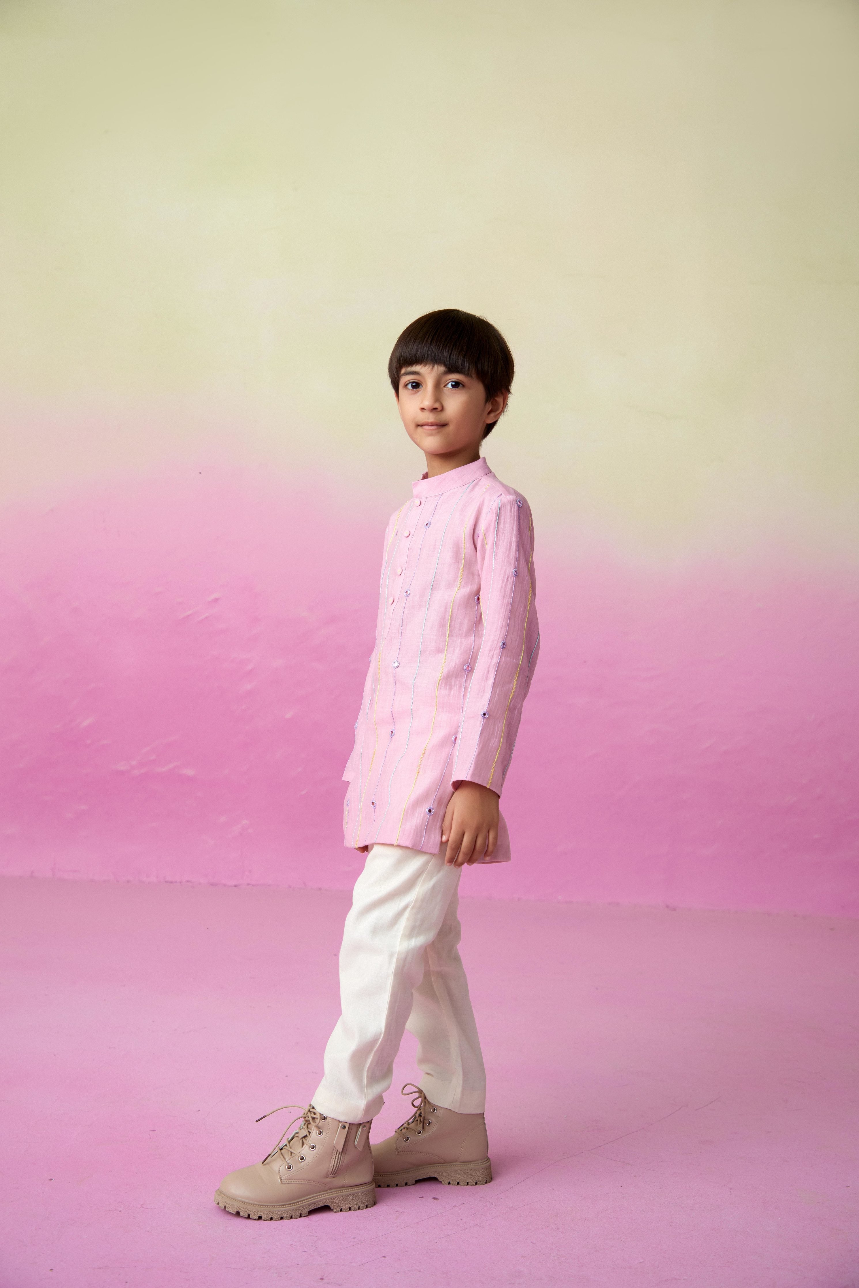 Orchid Pink Hand embroidered Kurta & Pants set for Boys