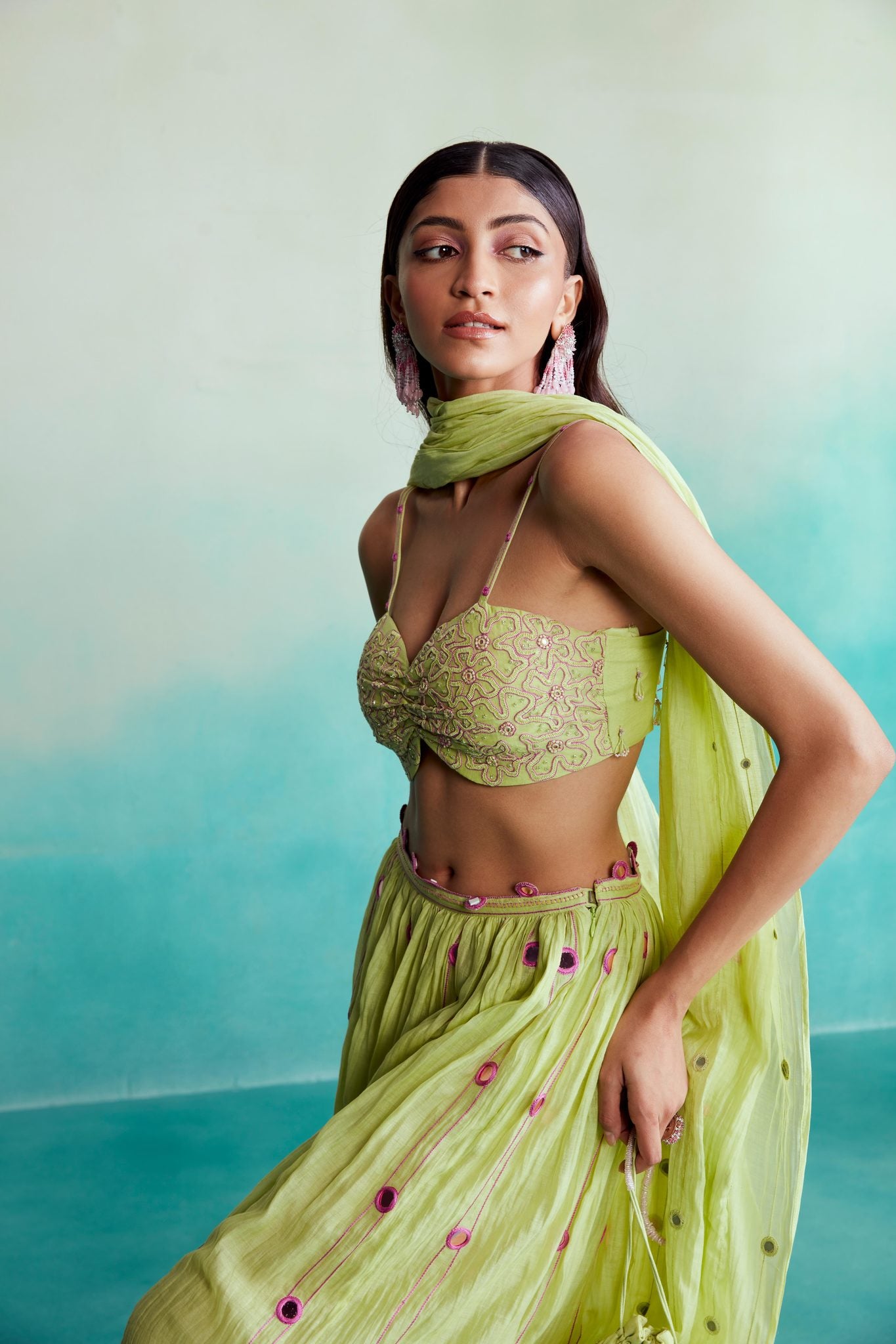 Lime Hand embroidered Skirt Top & Dupatta set
