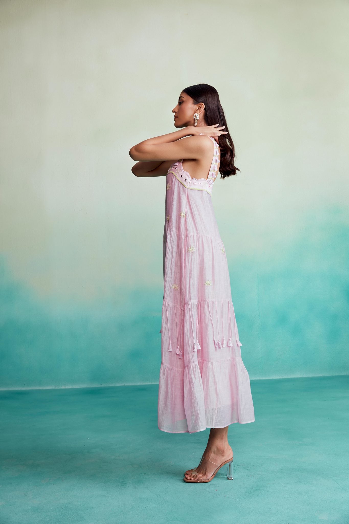 Orchid Pink Hand embroidered layered gathered Dress