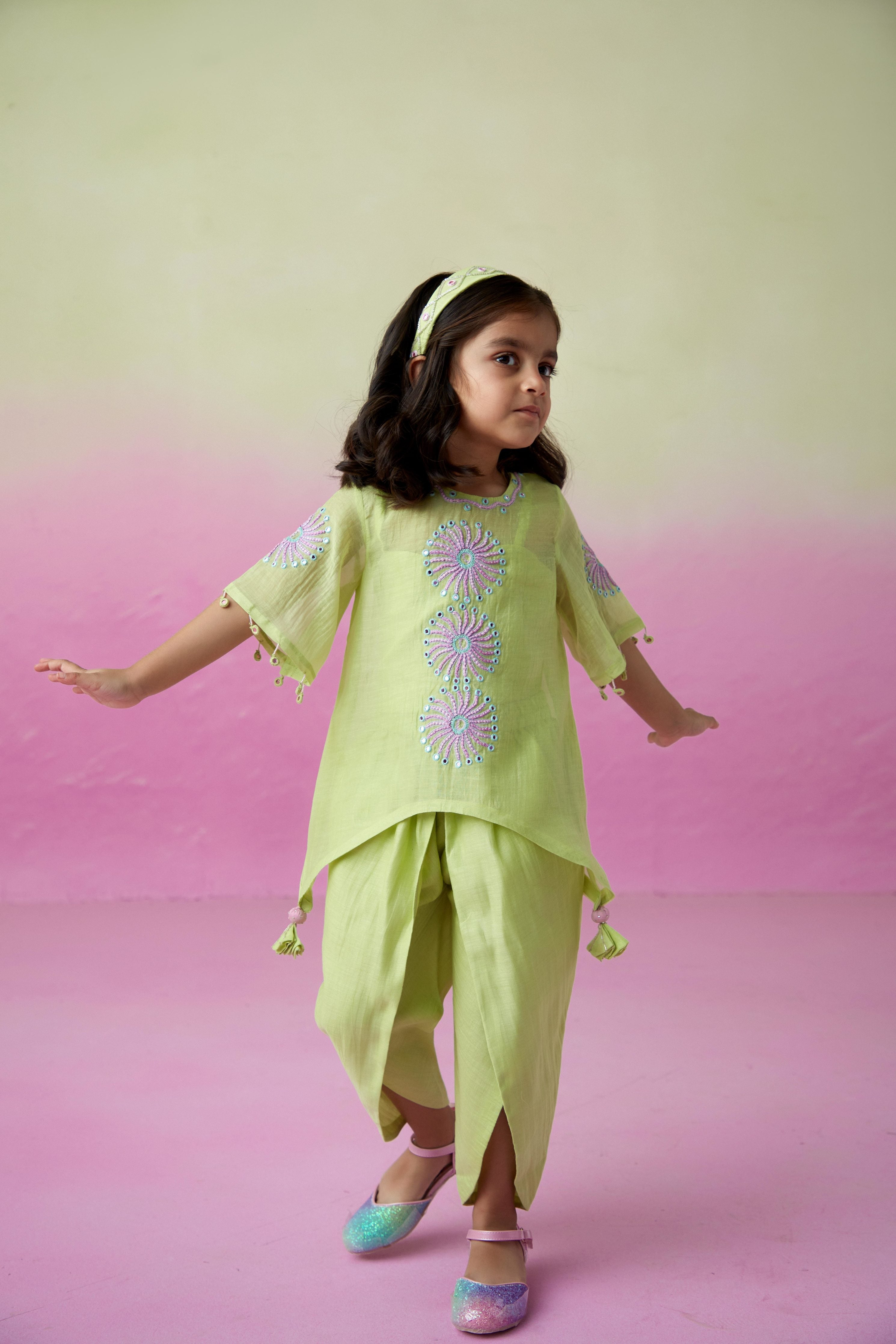 Lime Hand embroidered Kurta with Tulip Pants set for Girls