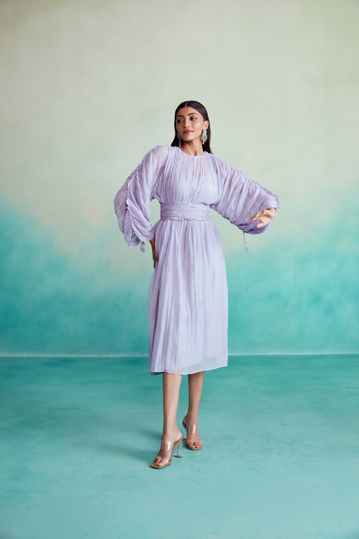 Lavender Hand embroidered Dress with Belt
