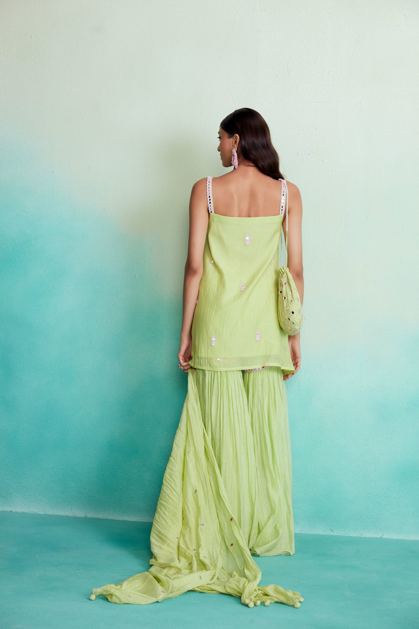 Lime Hand embroidered Kurta Sharara & Dupatta set