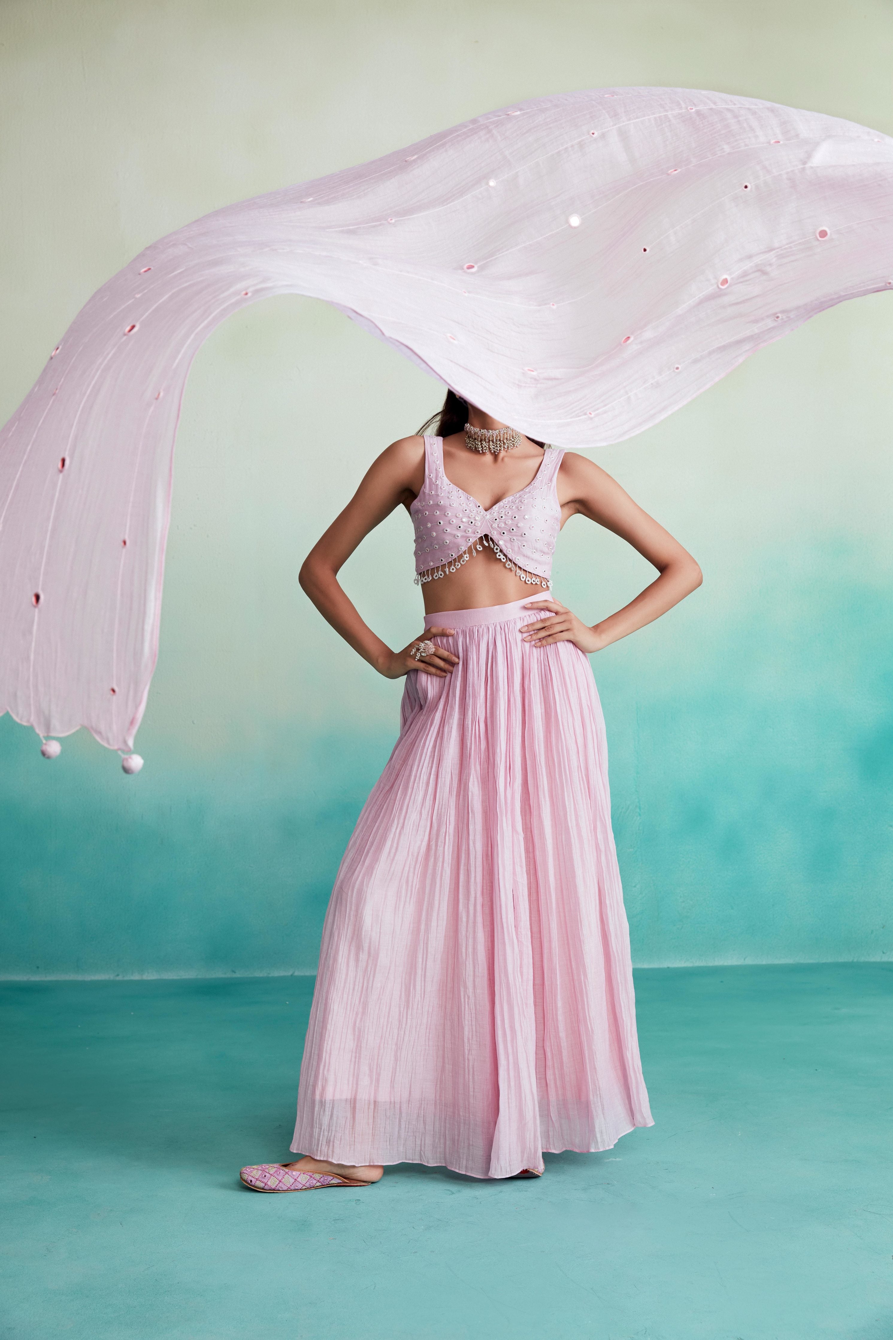 Orchid pink Hand embroidered Sharara Crop top and Dupatta set
