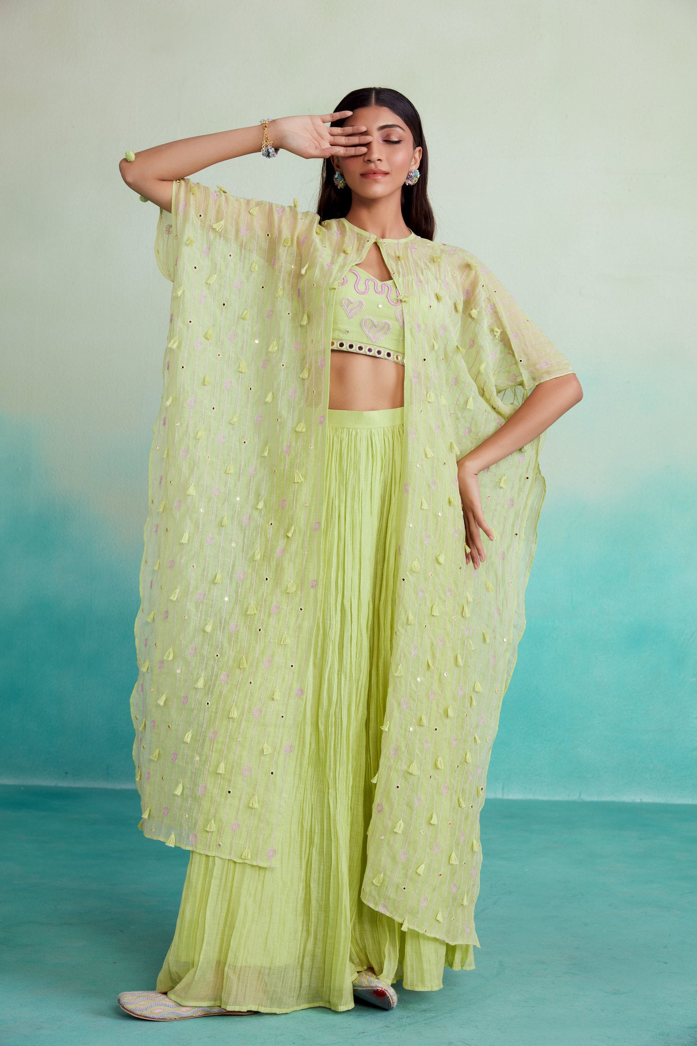 Lime Hand embroidered Jacket Crop top & Sharara set