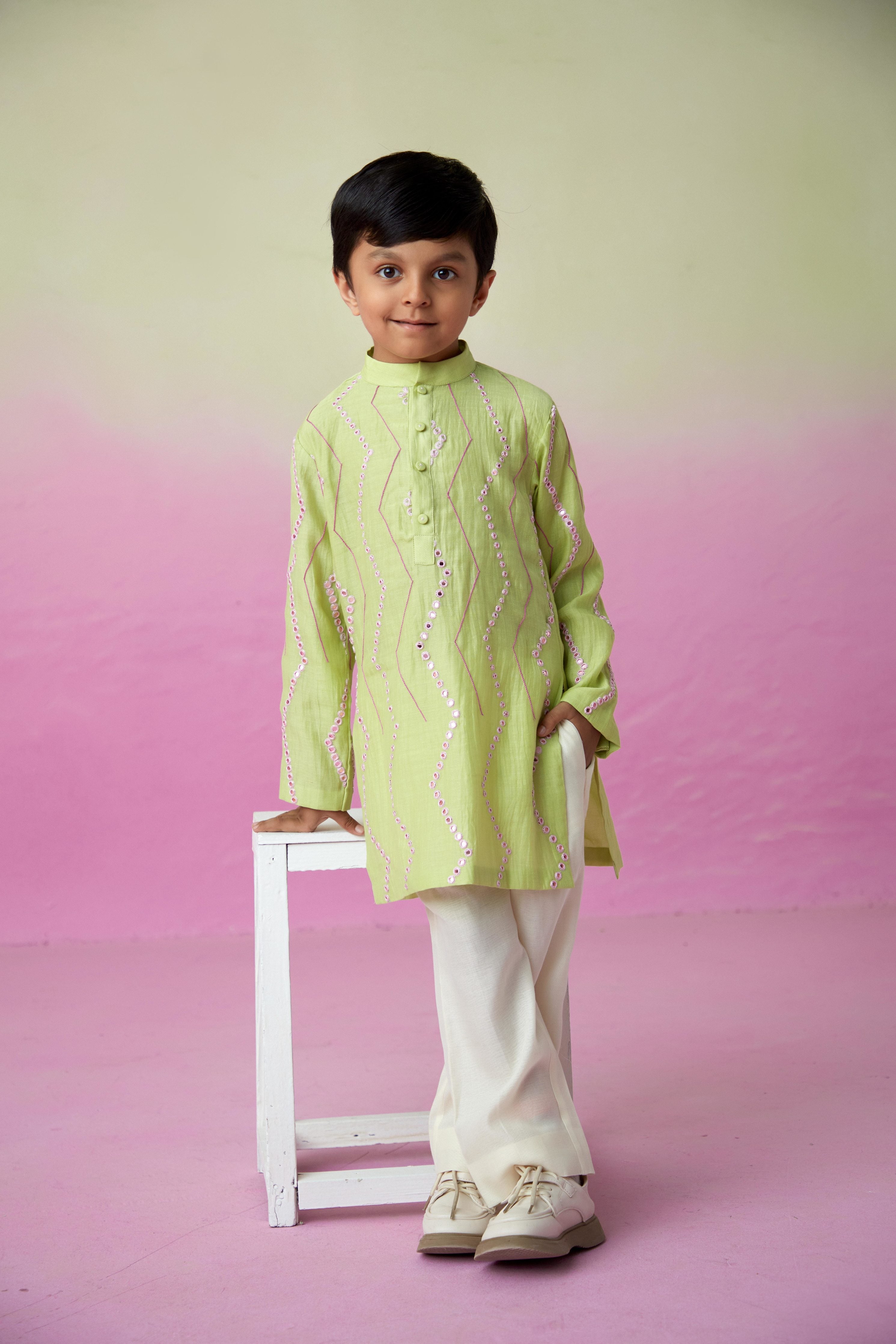 Lime Hand embroidered Kurta & Pants set for Boys