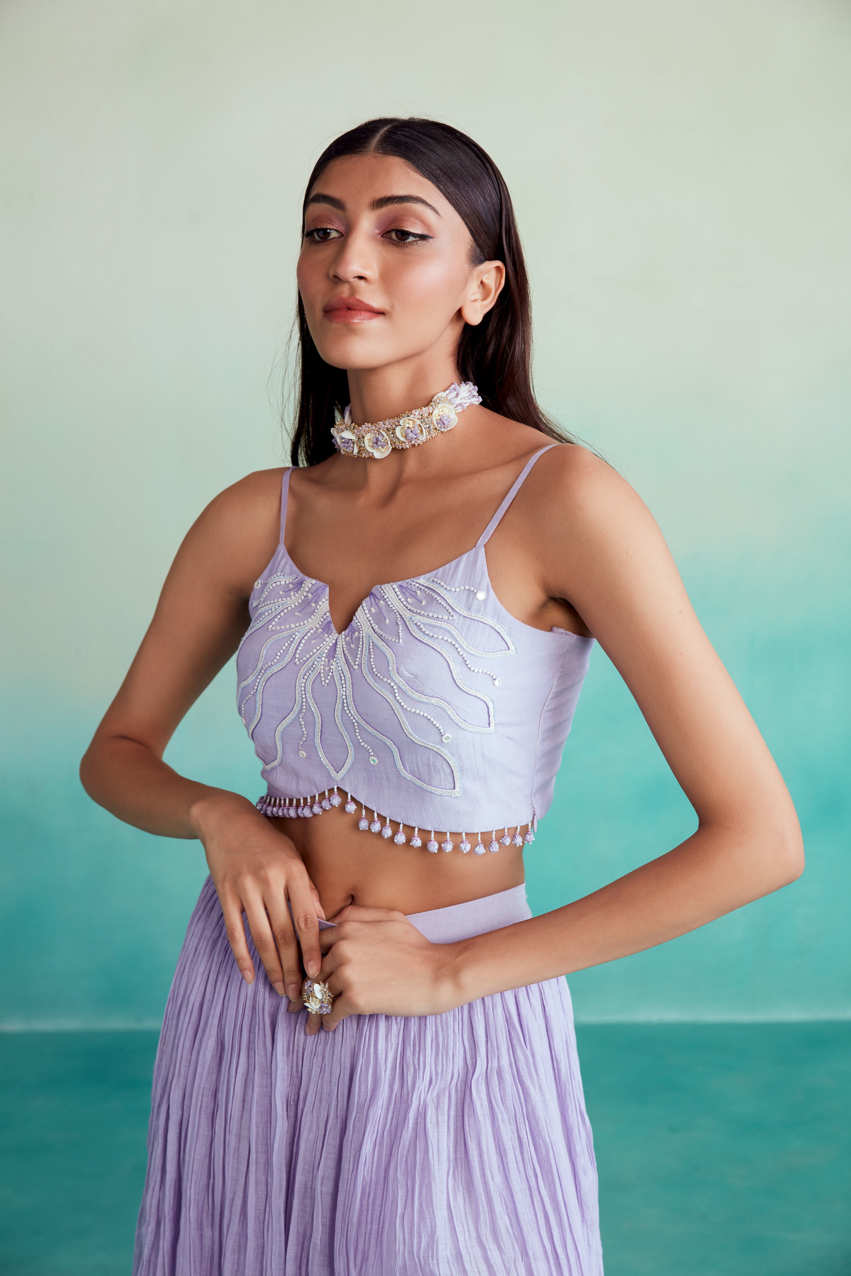 Lavender Hand embroidered Crop top Sharara & Dupatta set