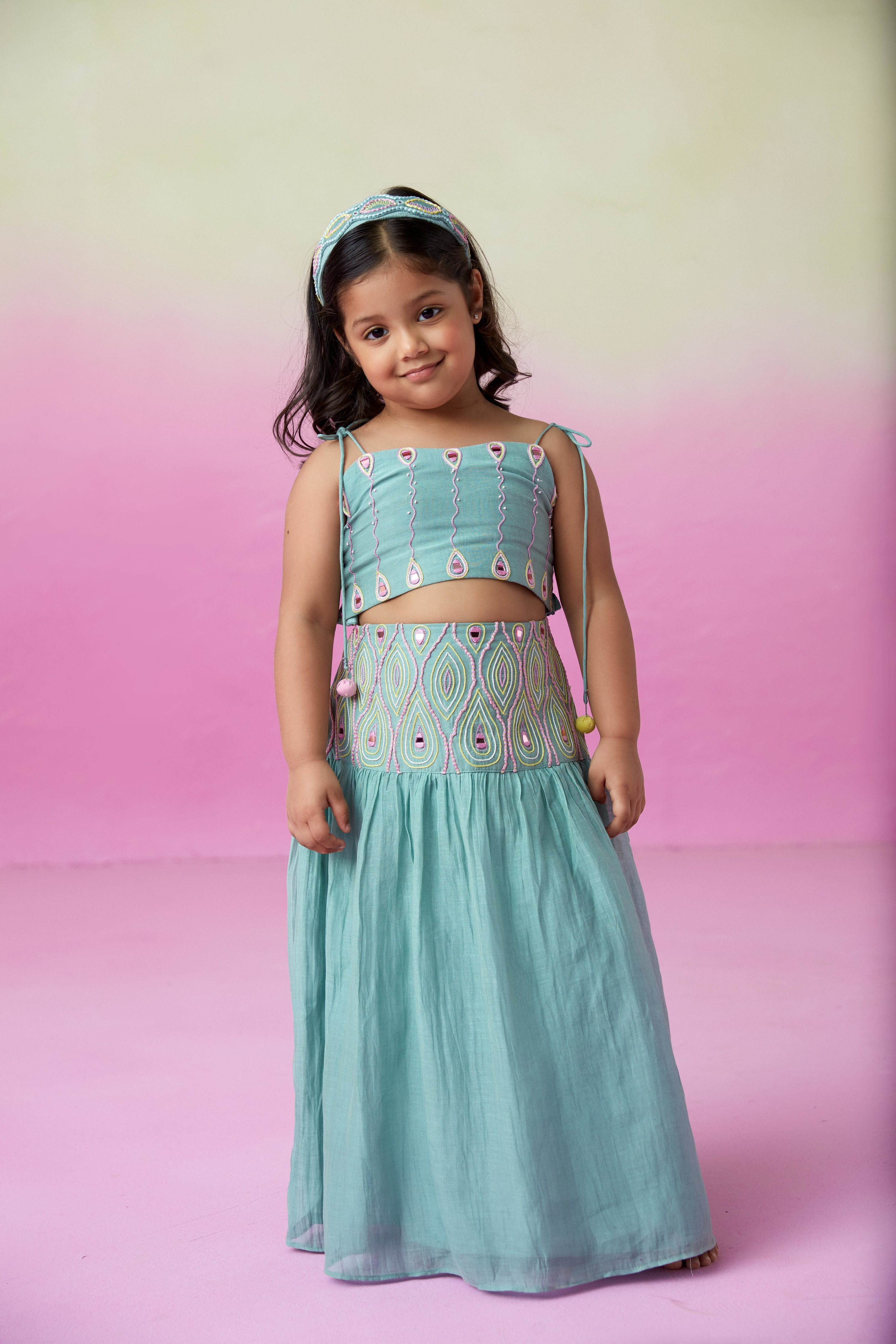 Mint Hand embroidered Skirt Top set for Girls