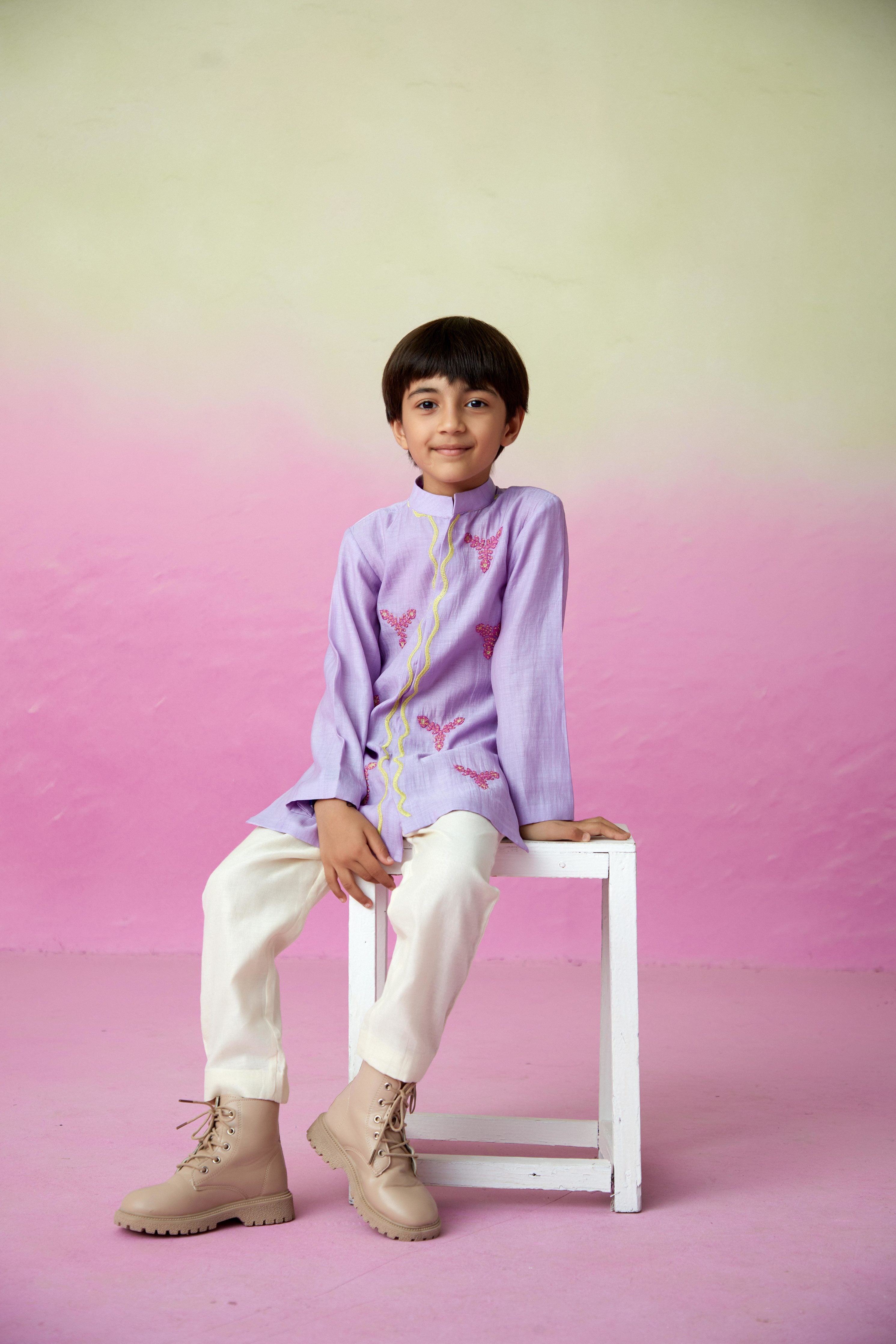 Digital Lavender Hand embroidered Kurta Set for Boys