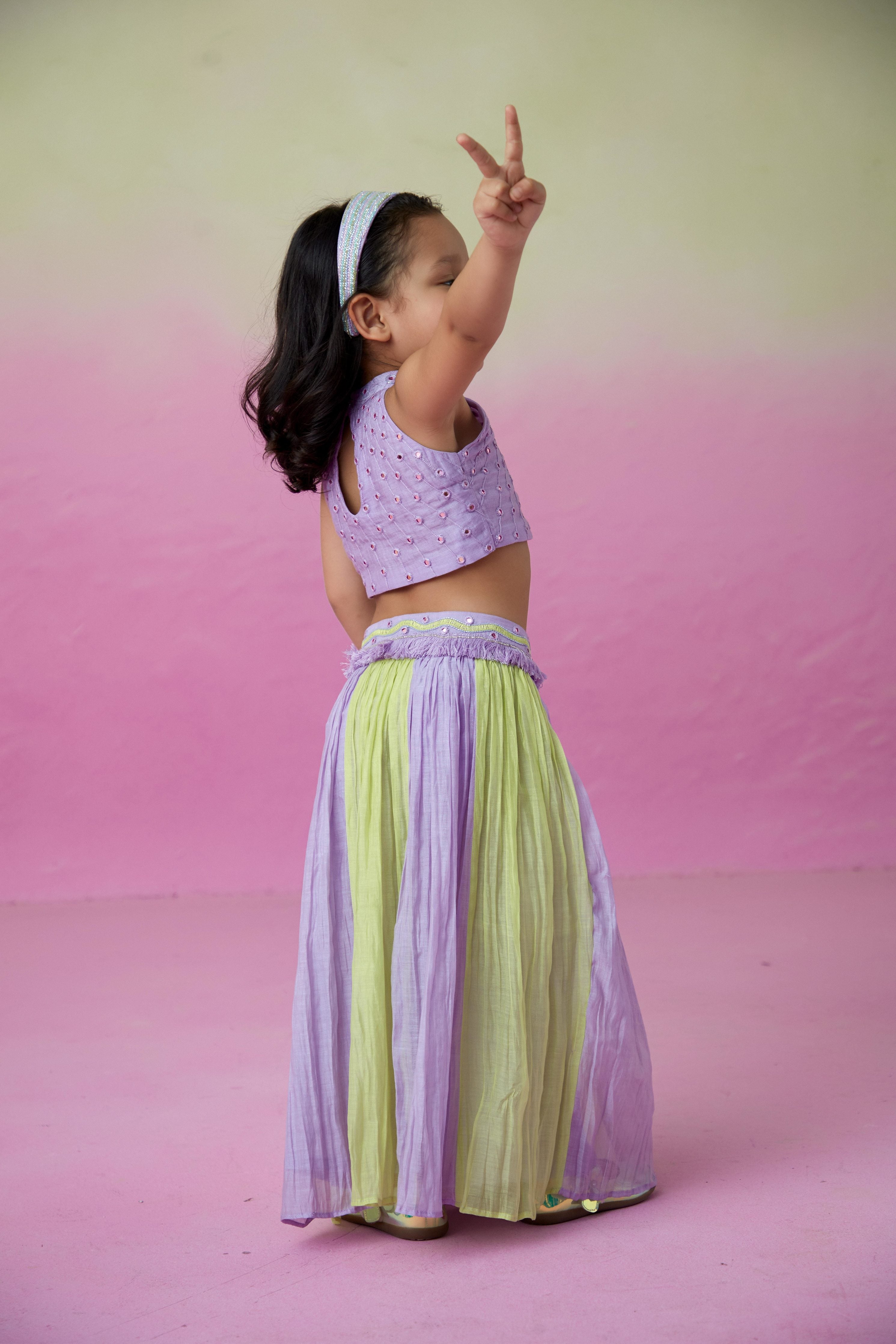 Digital Lavender & Lime Hand embroidered Skirt Top set for Girls