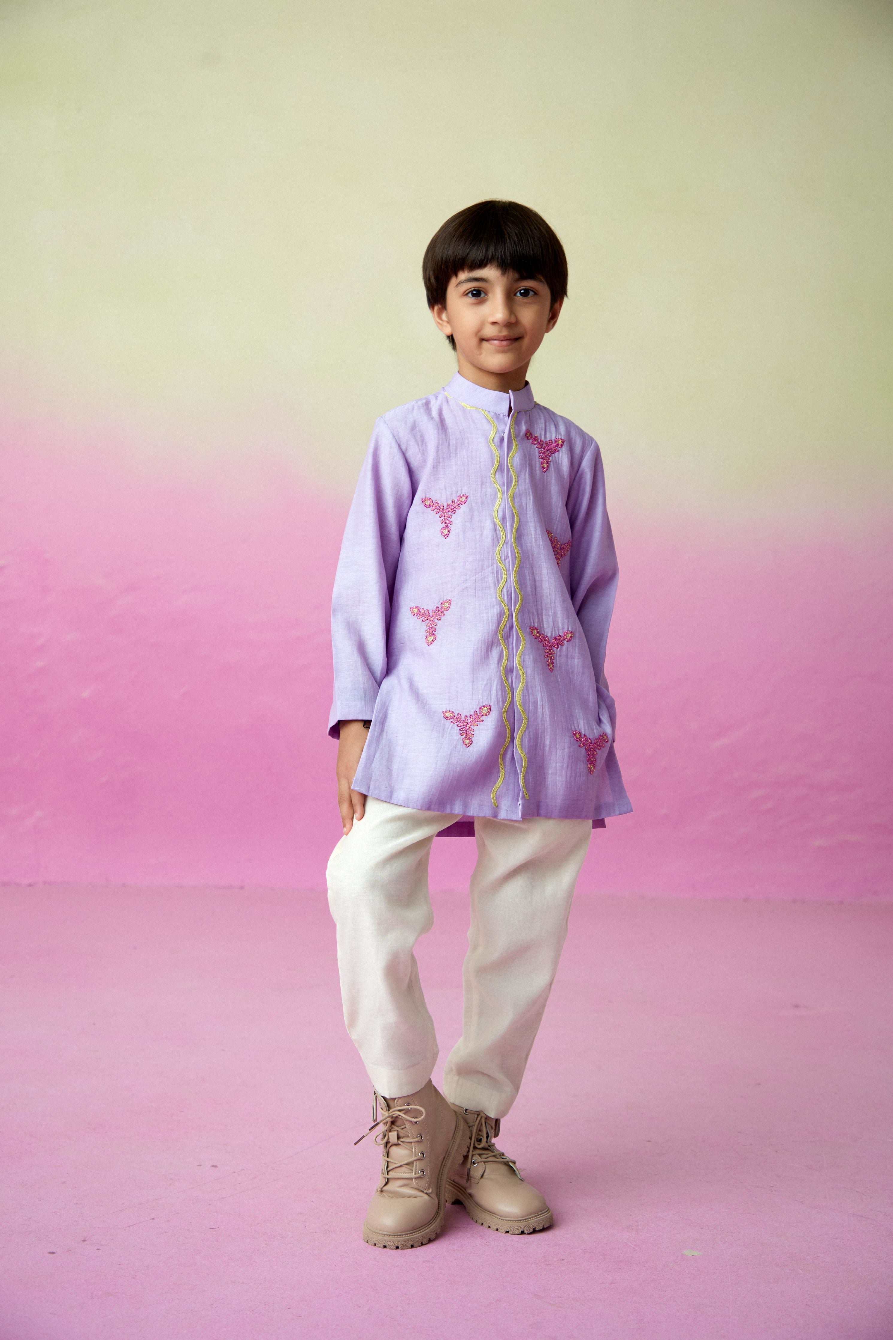 Digital Lavender Hand embroidered Kurta Set for Boys