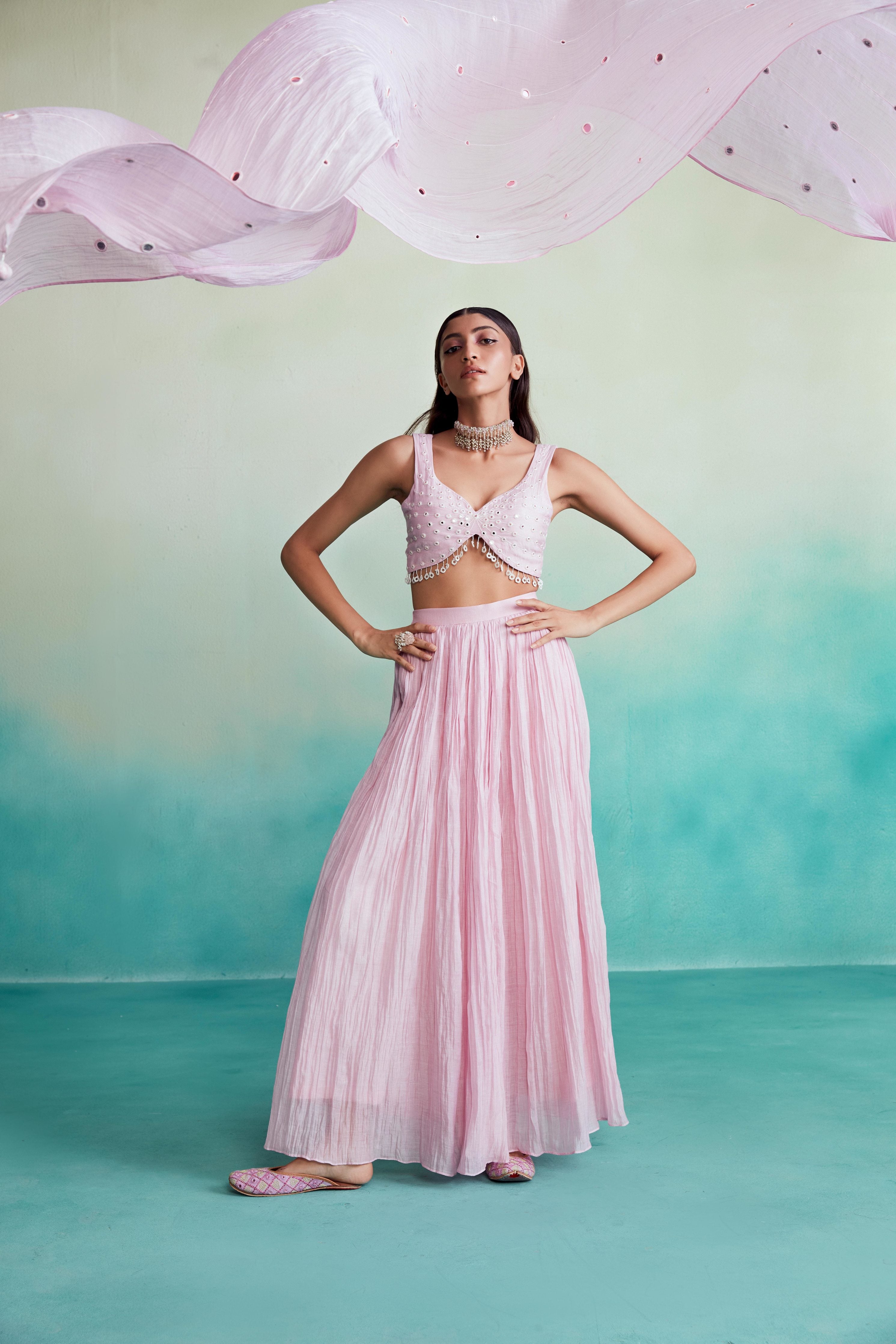 Orchid pink Hand embroidered Sharara Crop top and Dupatta set