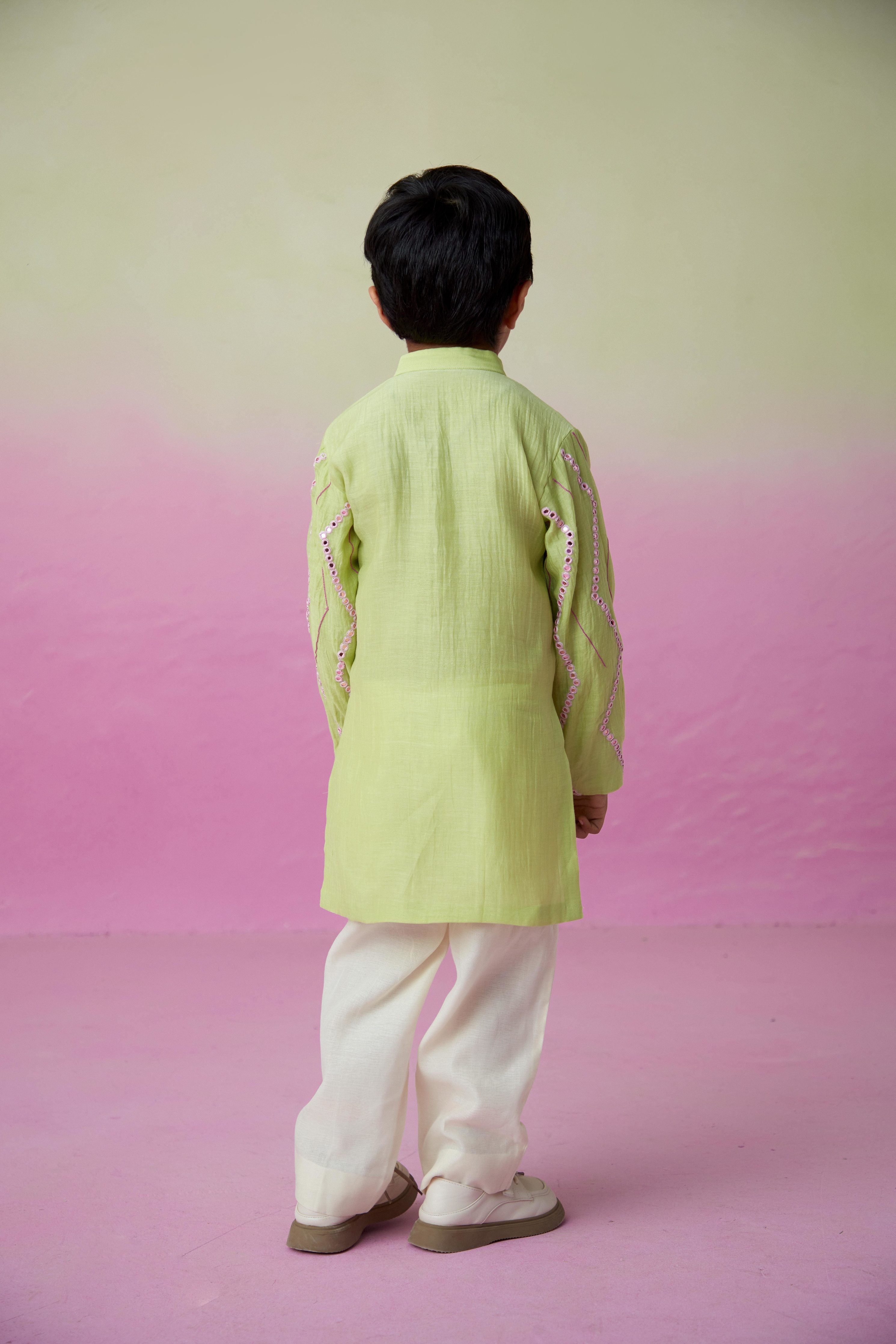 Lime Hand embroidered Kurta & Pants set for Boys