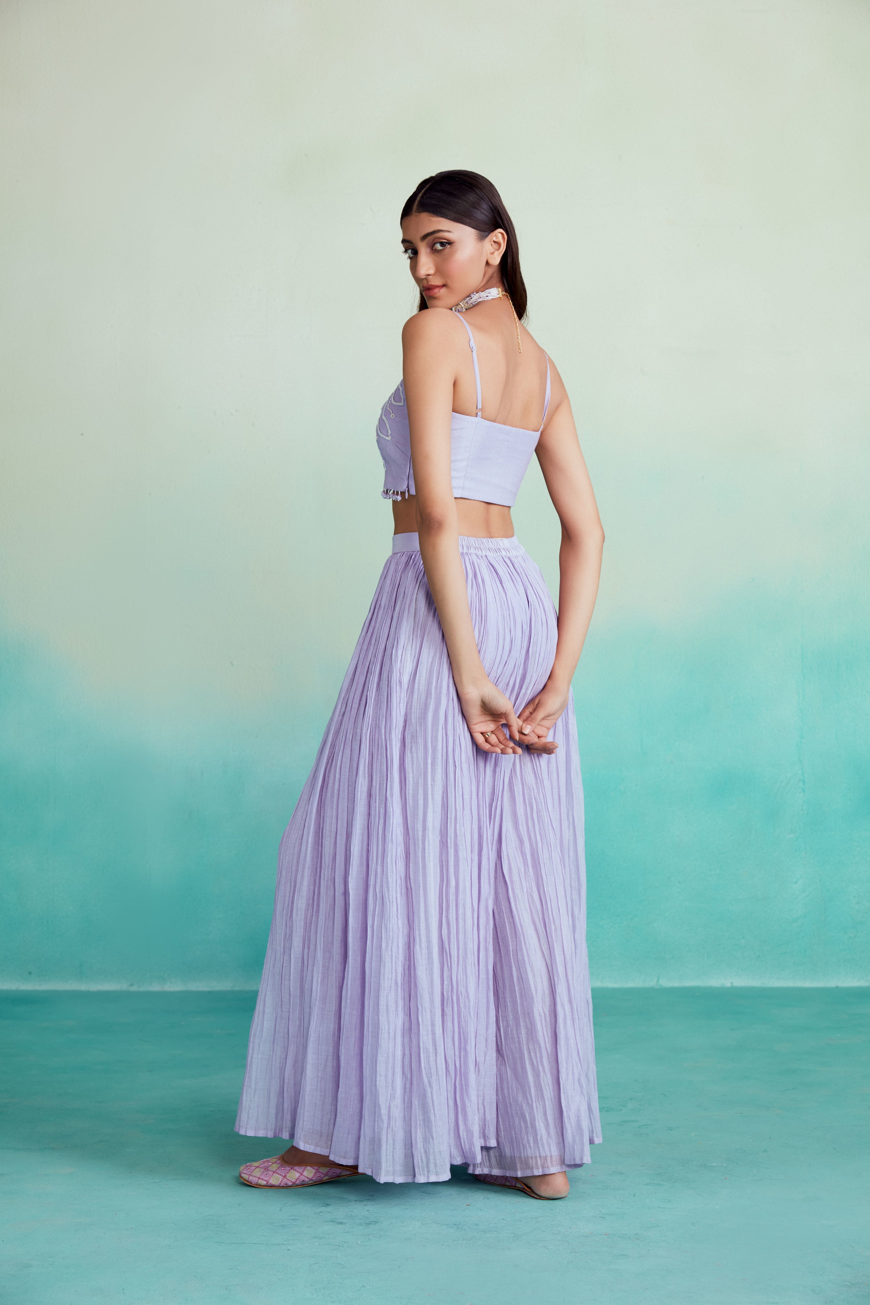 Lavender Hand embroidered Crop top Sharara & Dupatta set