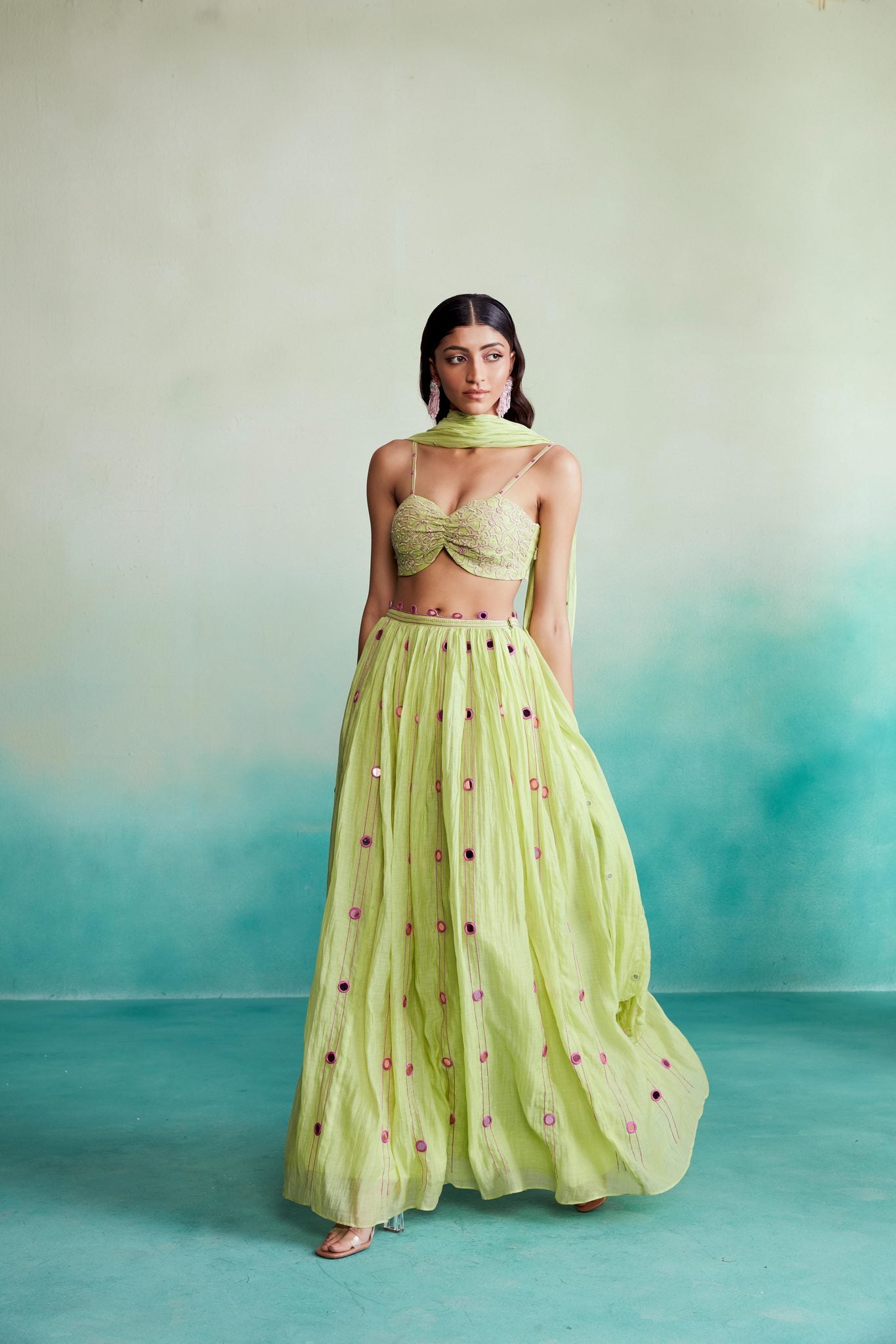 Lime Hand embroidered Skirt Top & Dupatta set