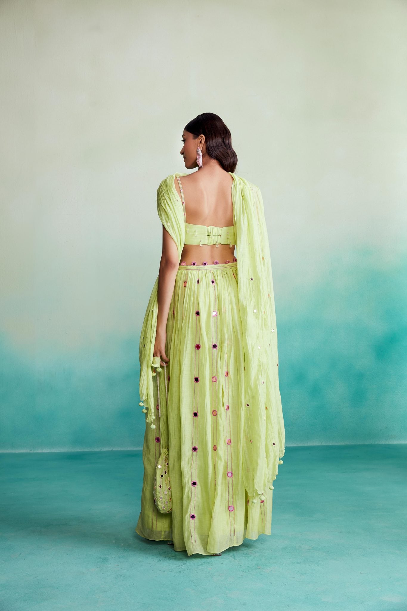 Lime Hand embroidered Skirt Top & Dupatta set