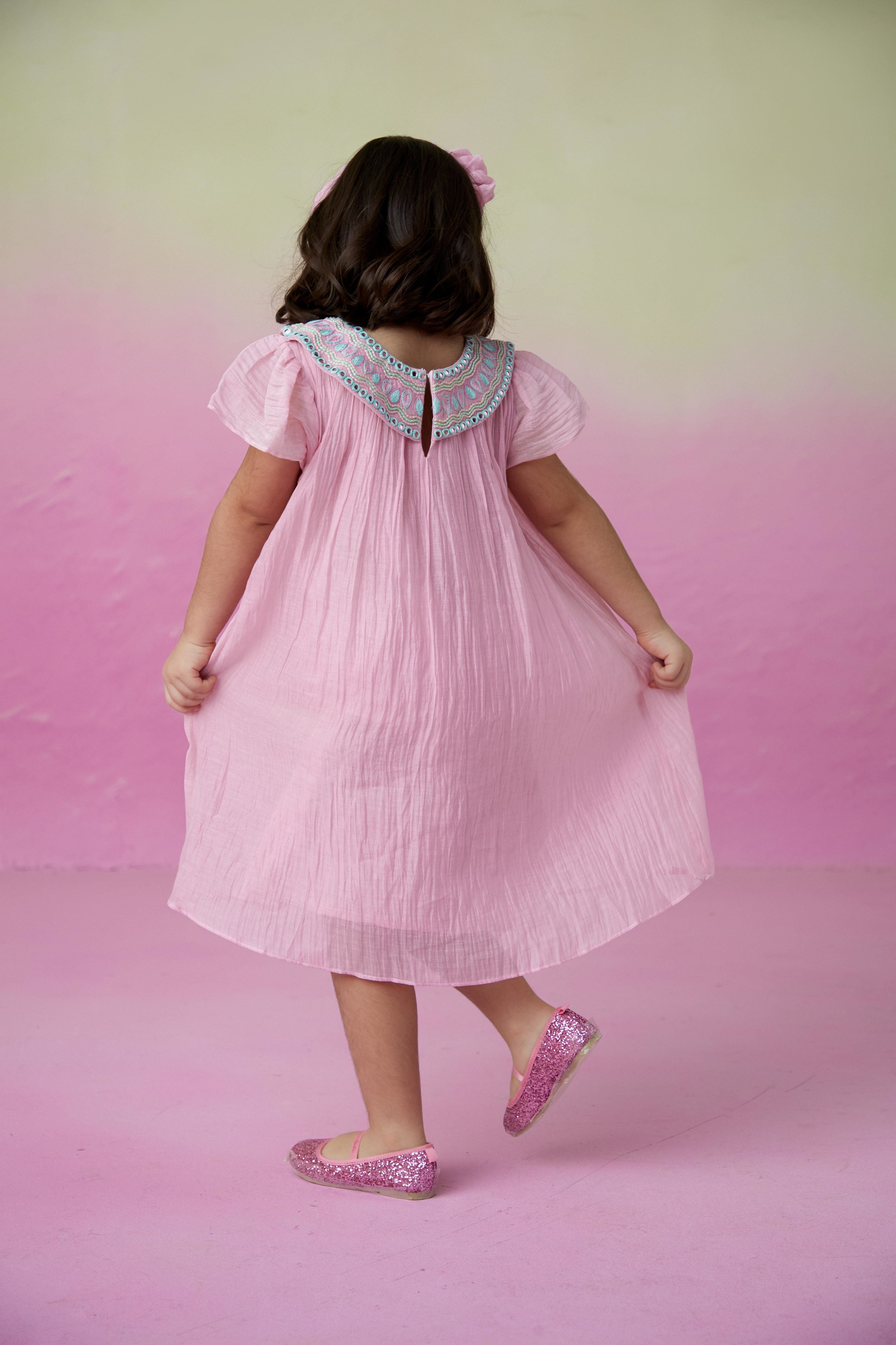 Orchid Pink Hand embroidered Collar Dress for Girls