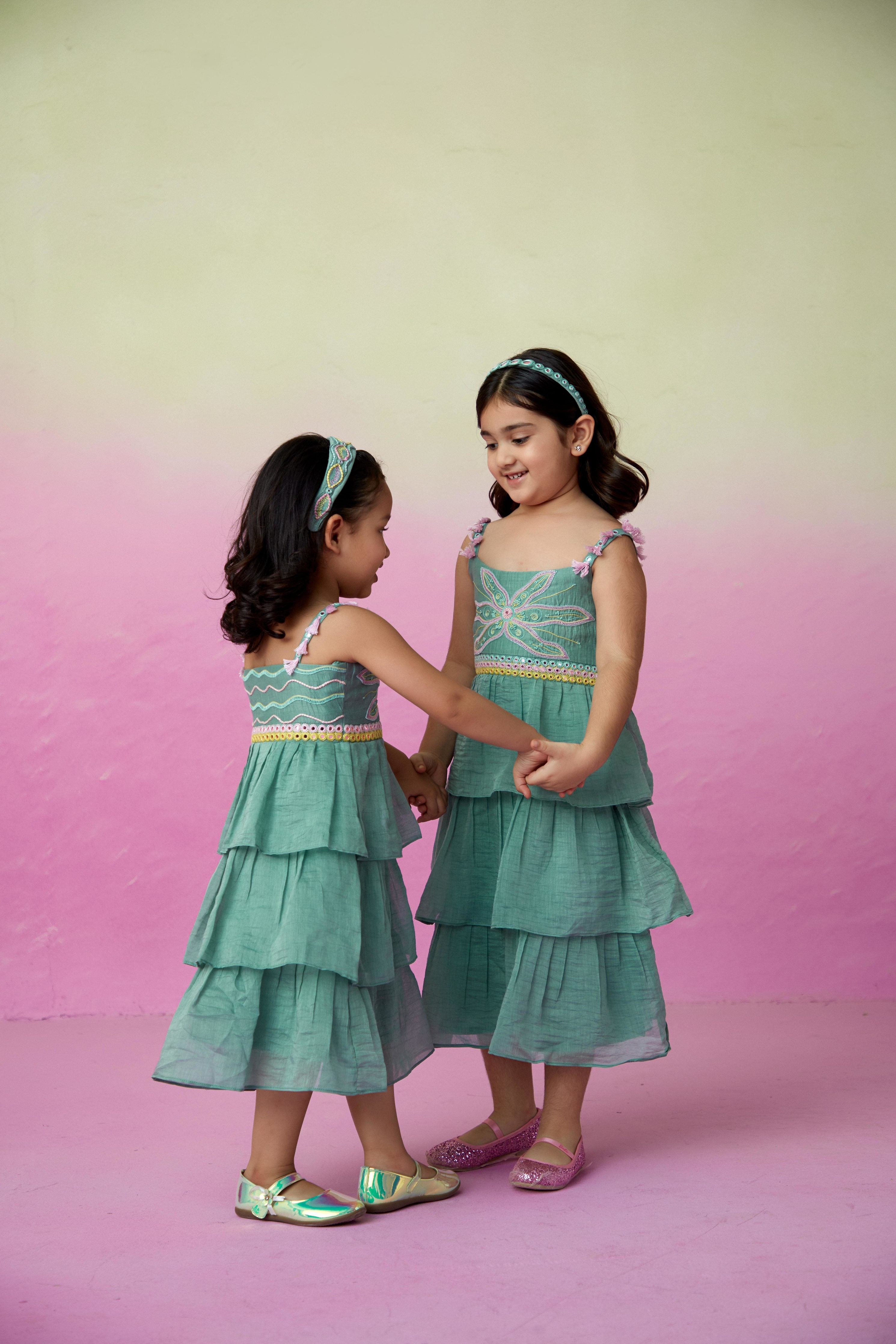 Mint Hand embroidered layered Dress for Girls
