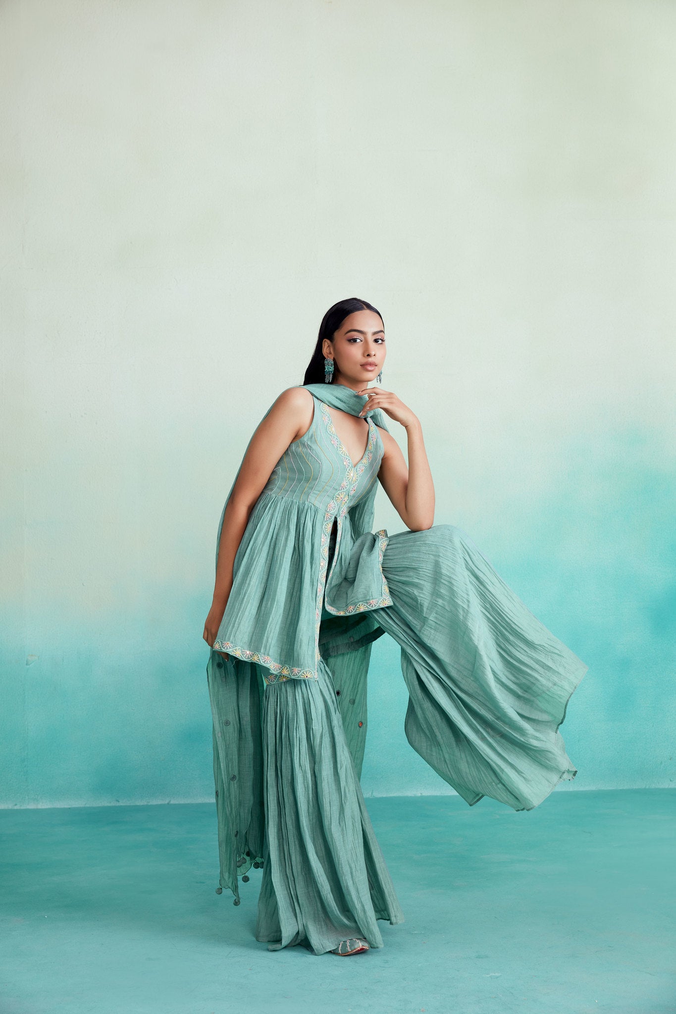 Mint Hand embroidered gathered Kurta Sharara & Dupatta set