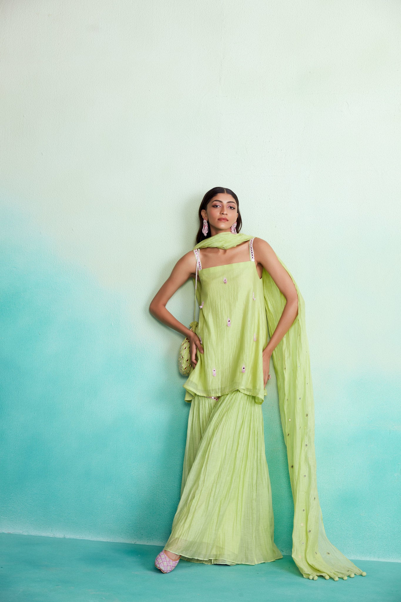 Lime Hand embroidered Kurta Sharara & Dupatta set
