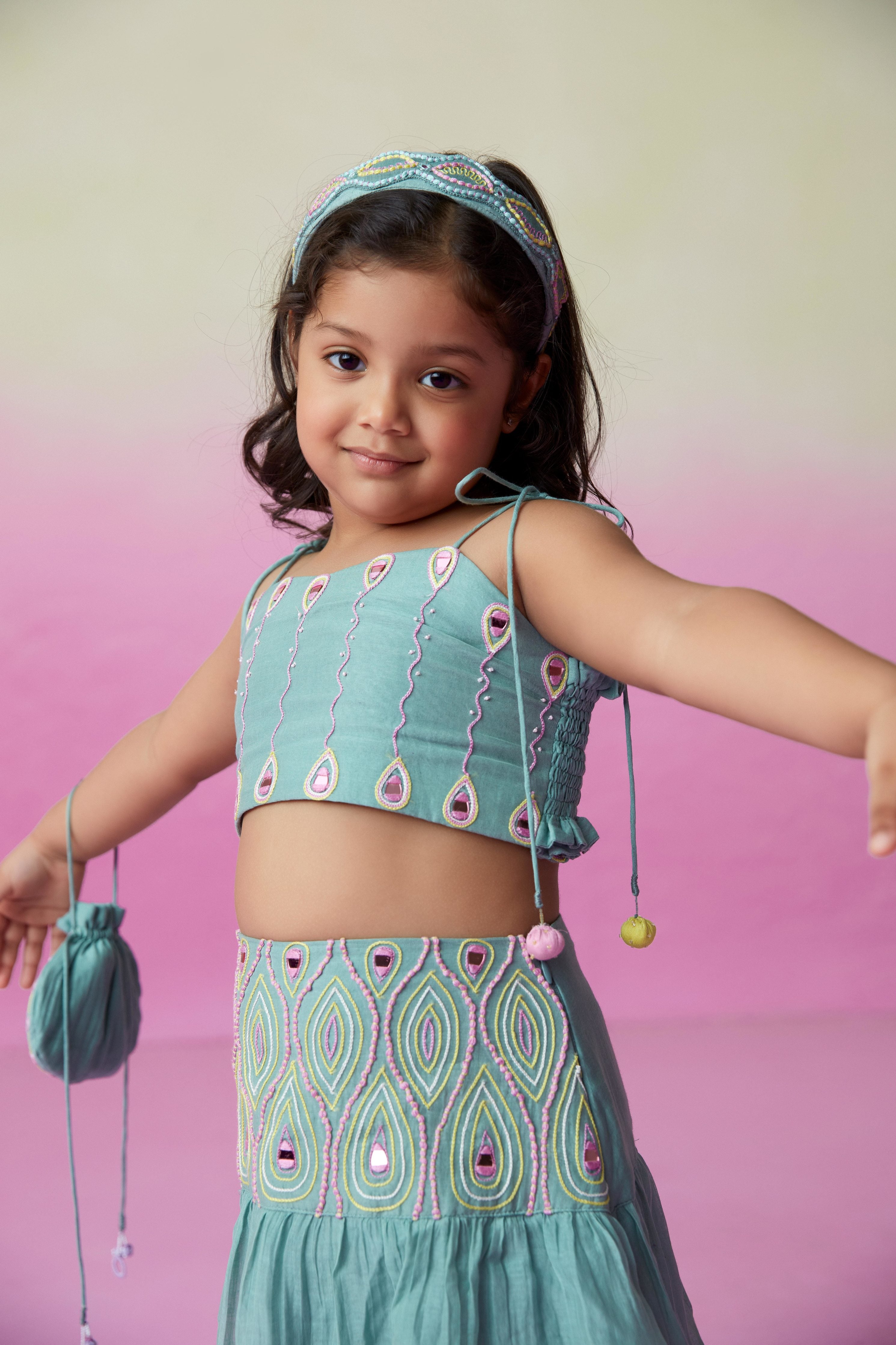 Mint Hand embroidered Skirt Top set for Girls