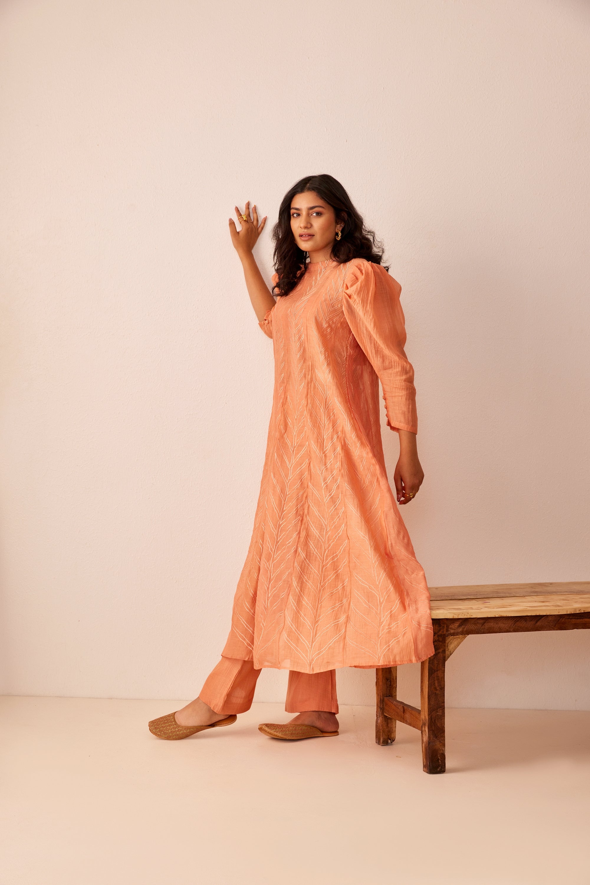 Peach chanderi embroidered kurta set
