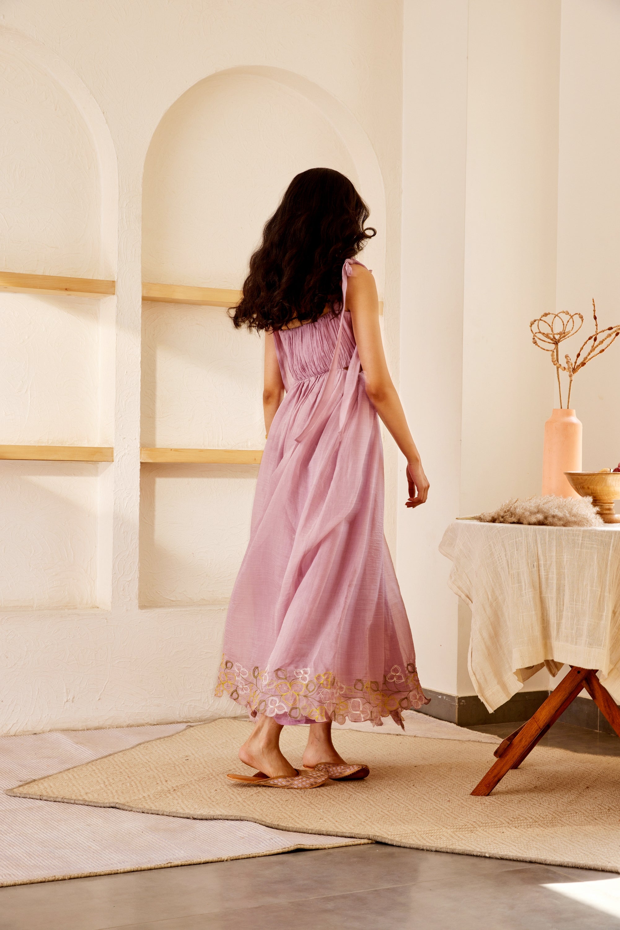 Lavender cotton chanderi hand embroidered ruched dress