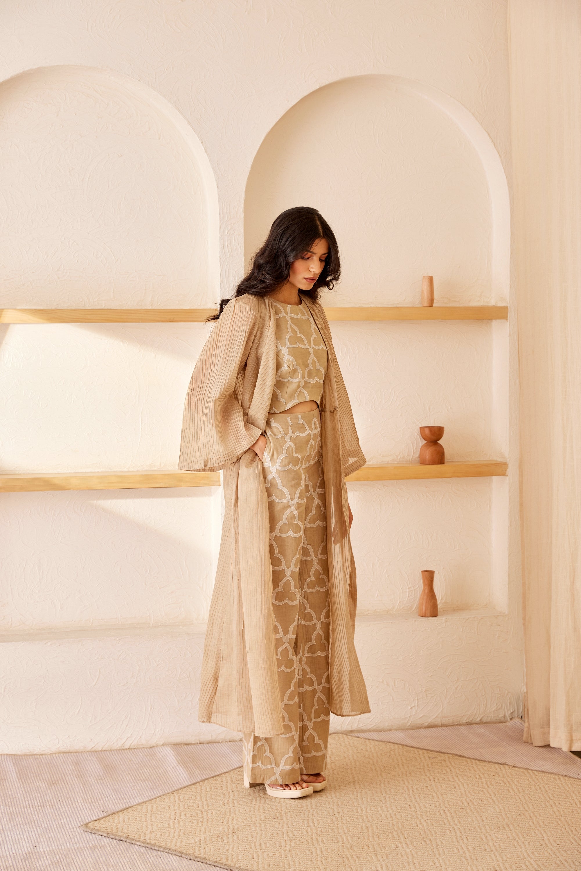 Beige chanderi silk embroidered co-ord set