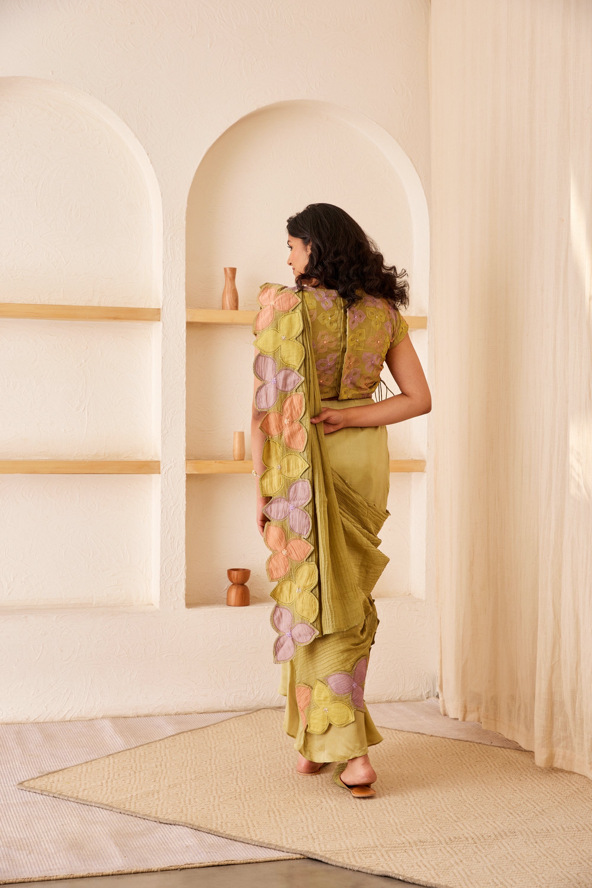 Green chanderi silk hand embroidered pre-draped saree